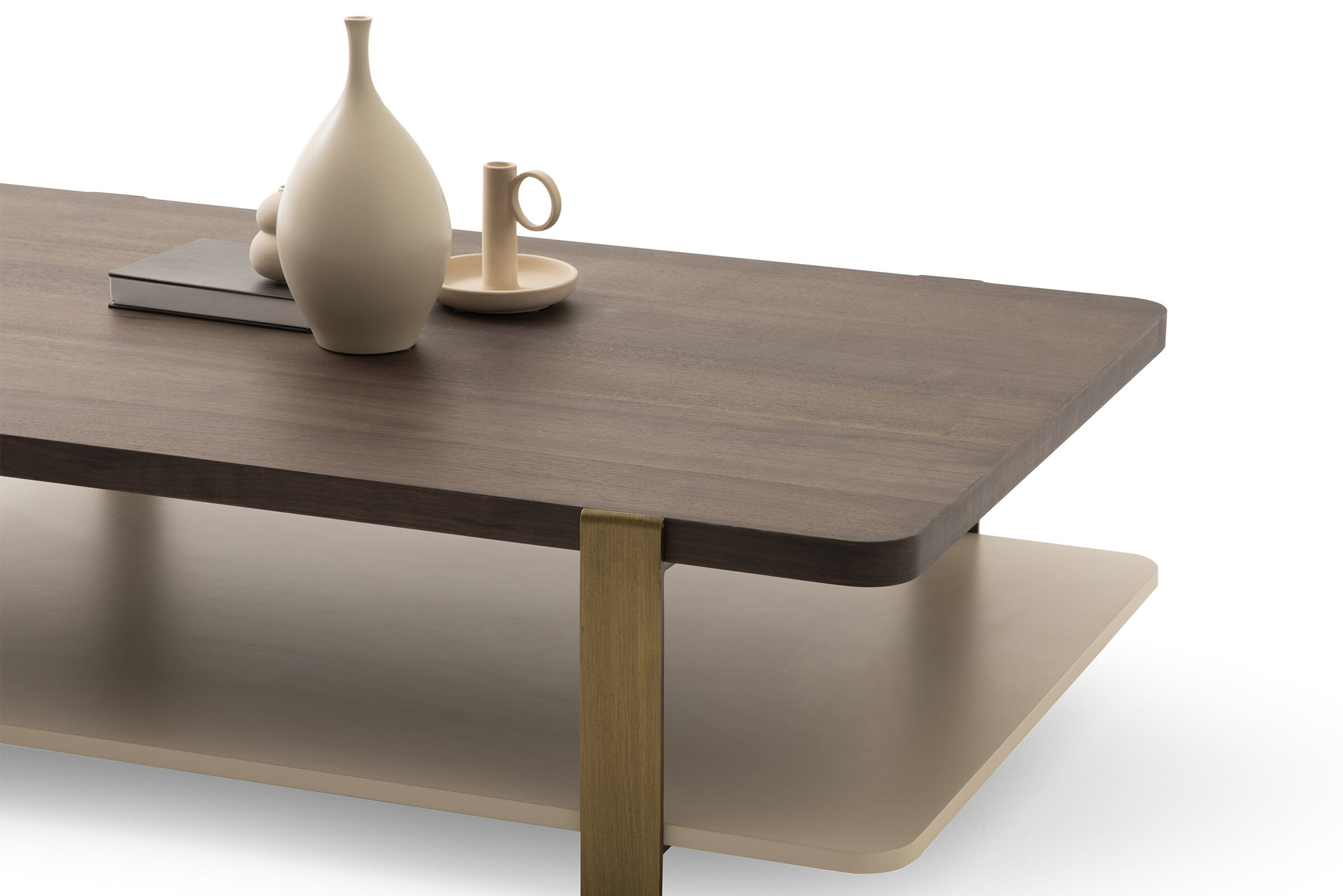 Minimalist wooden coffee table with a beige lower shelf accented by a gold-colored leg, featuring a modern design ideal for contemporary living room decor.