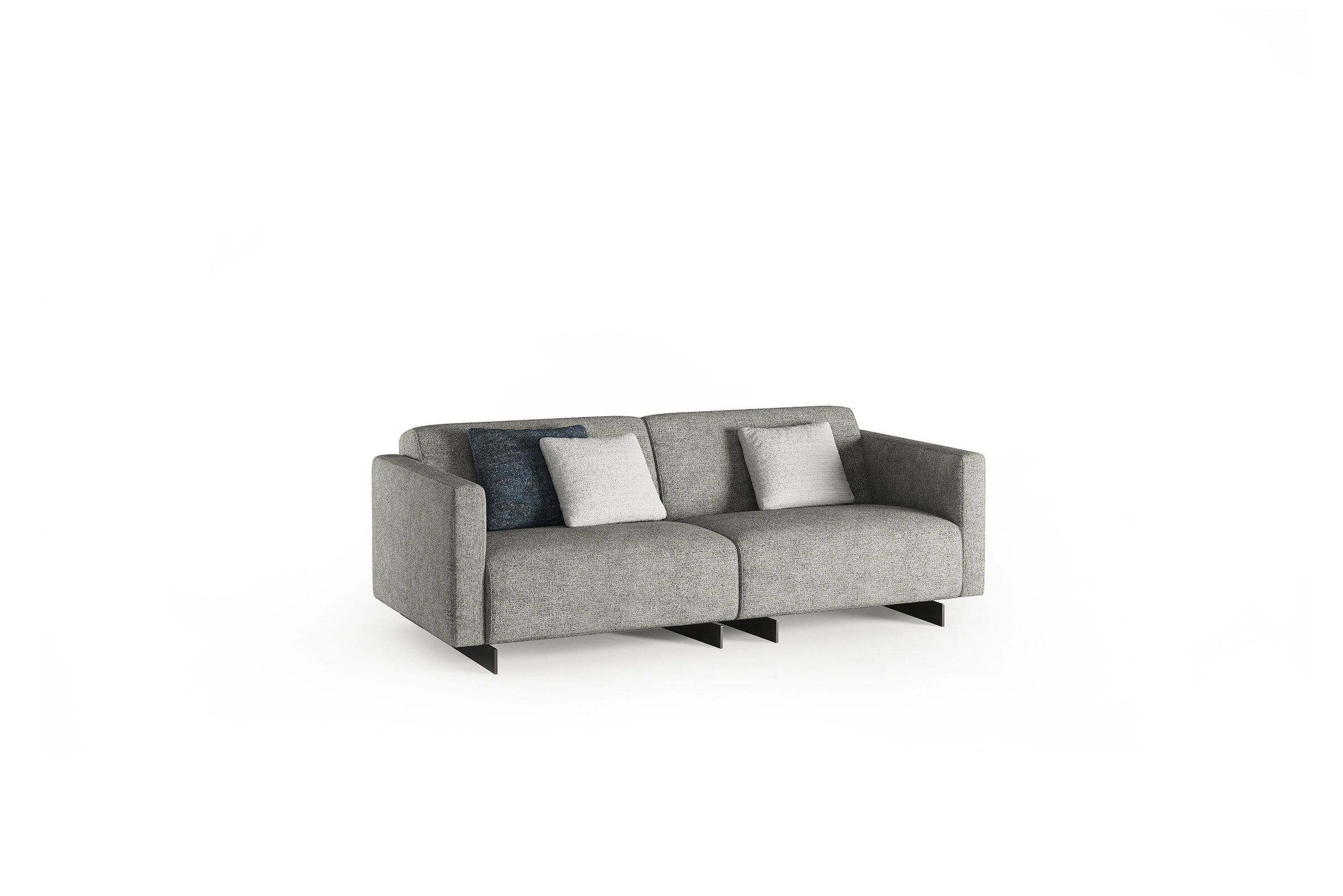 Modern grey fabric sofa with sleek black legs and neutral cushions, perfect for stylish living rooms and contemporary interior decor.