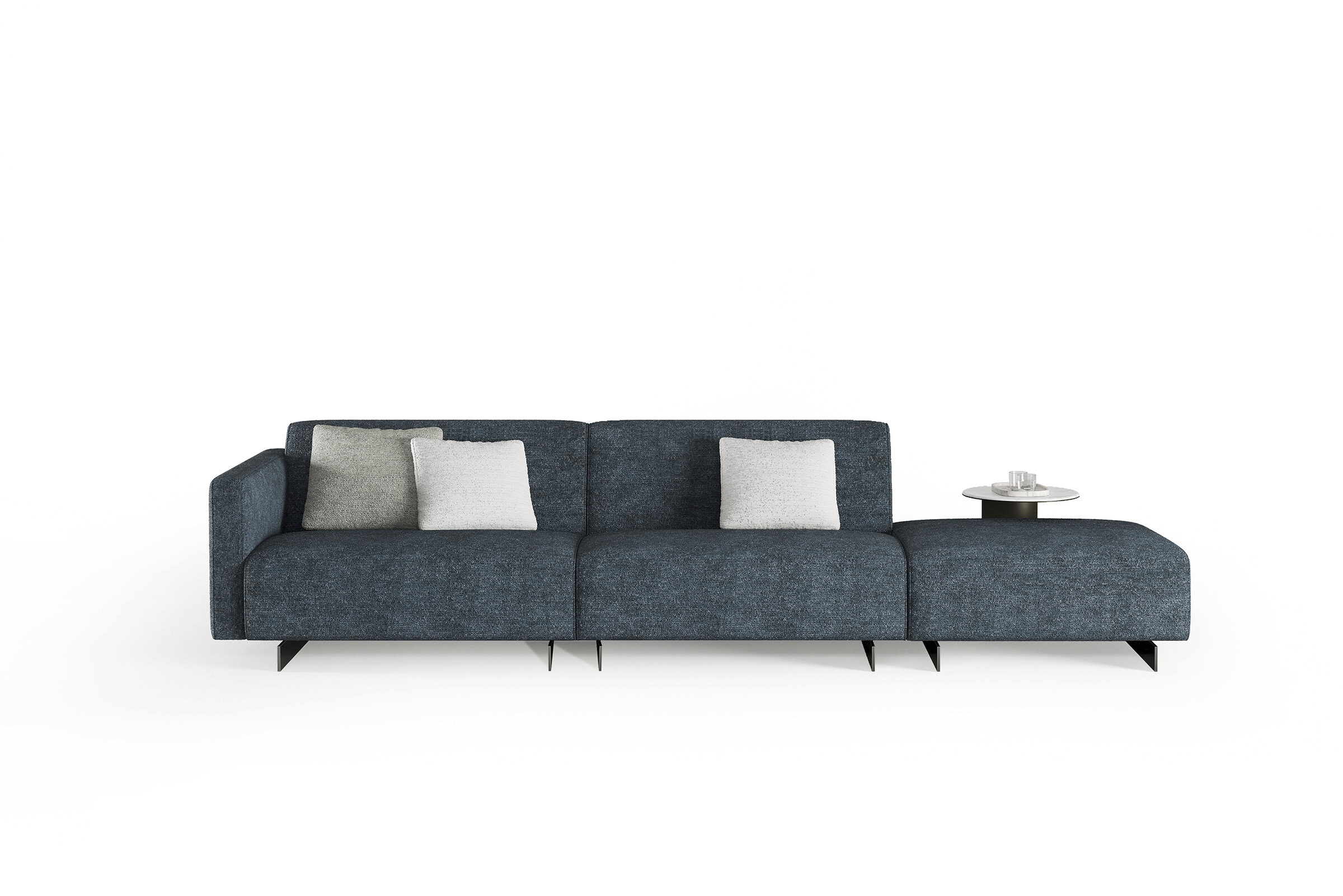 Contemporary dark blue fabric sofa with a built-in side table and three light-colored throw pillows, designed for modern living spaces.