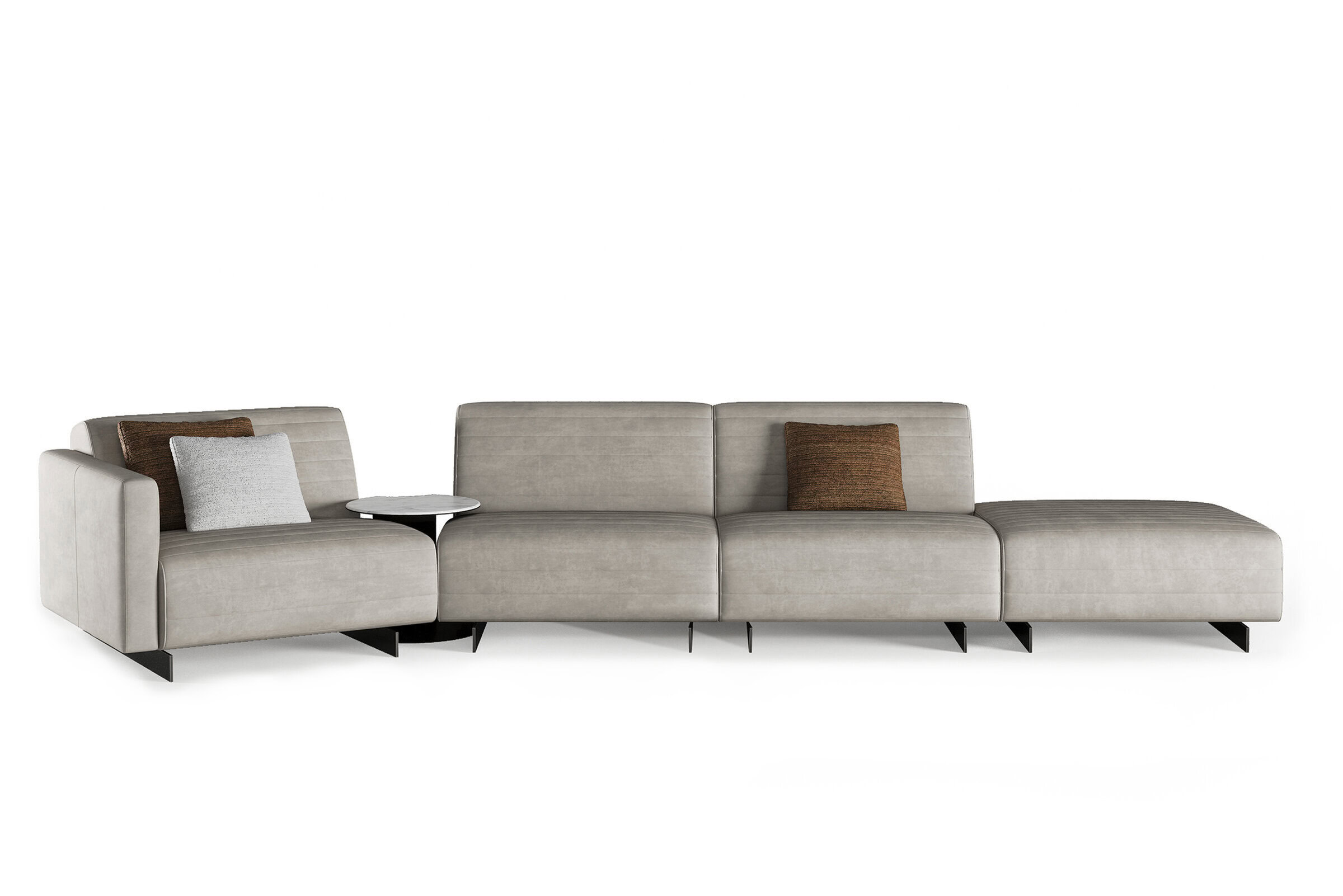 Contemporary beige sectional sofa with modern design, featuring plush cushions, black metal legs, and accent pillows, ideal for stylish living room decor.