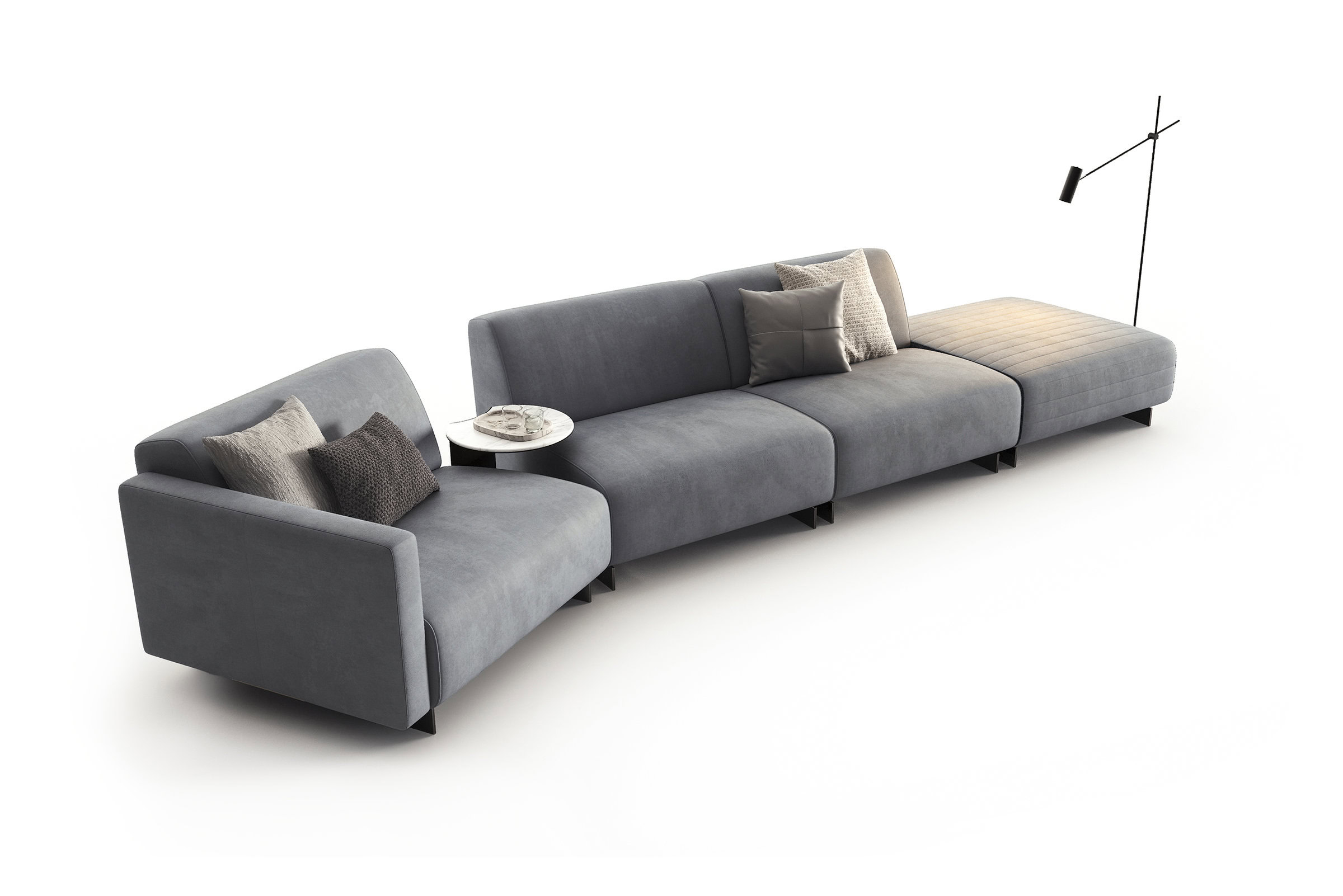 A stylish, contemporary grey modular sofa designed for comfort and versatility in living rooms. Perfect for modern home decor, offering spacious seating and elegant design.