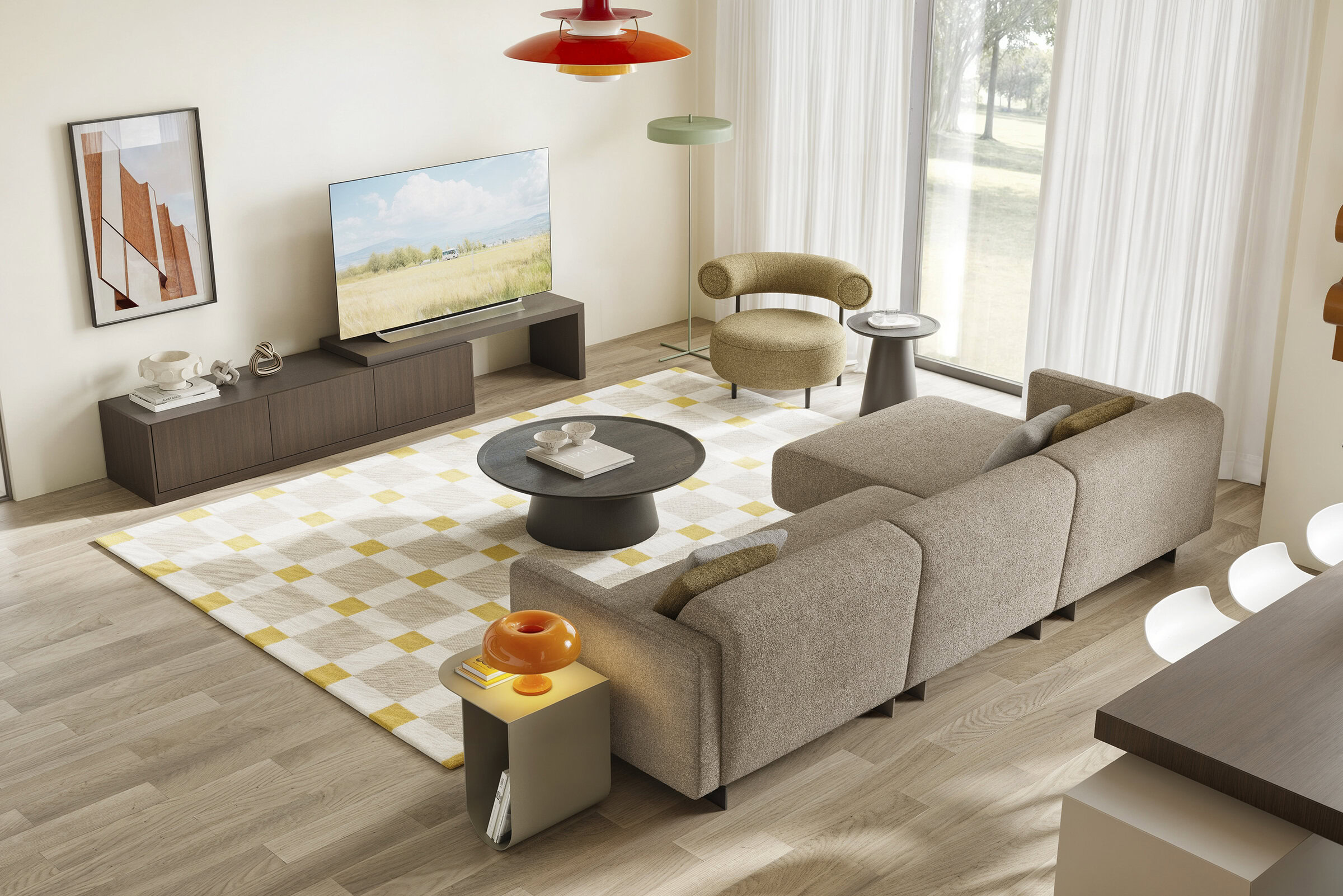 Contemporary beige fabric sectional sofa in a modern living room with minimalist decor, large windows, and wooden flooring, perfect for stylish home comfort.