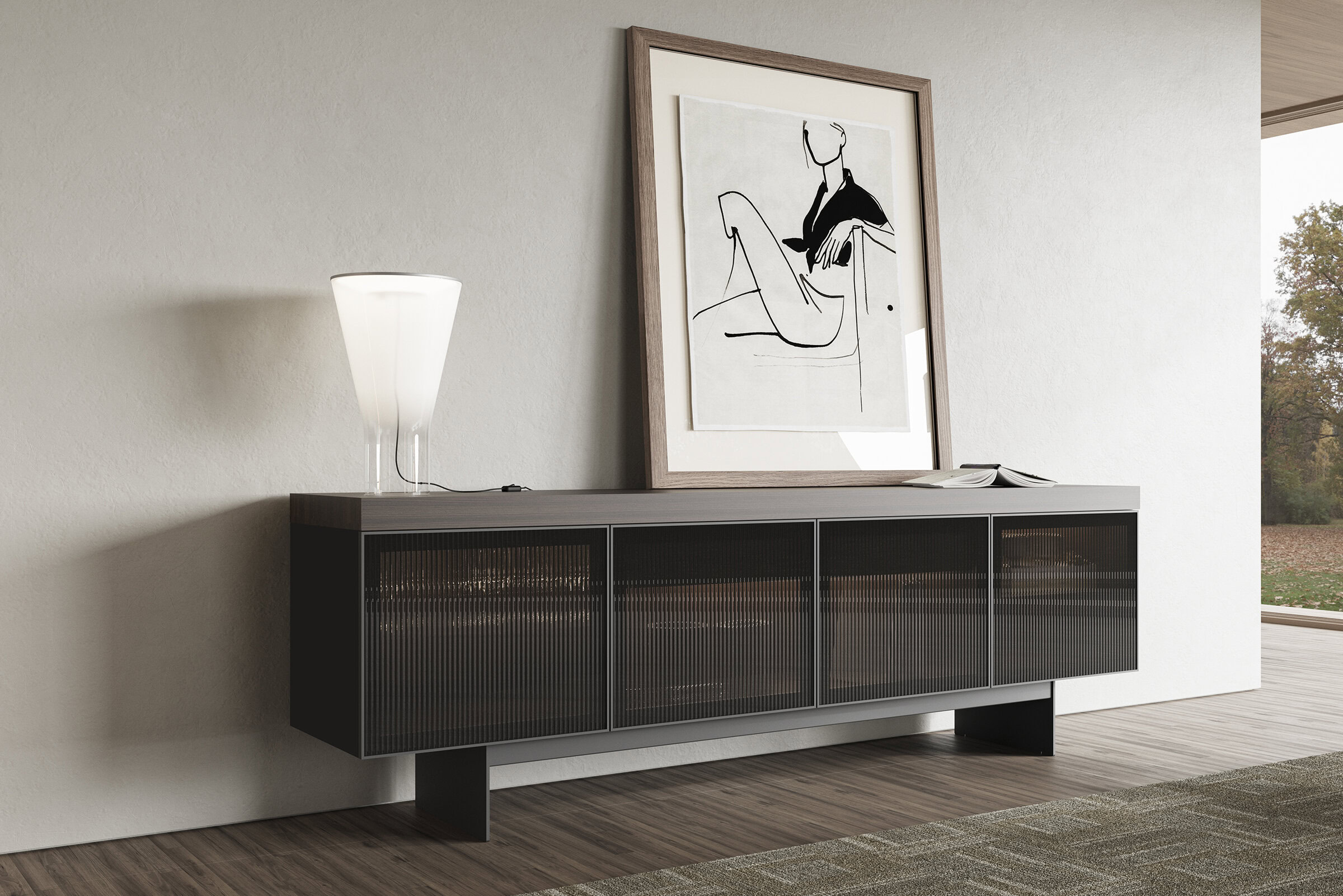 Sleek modern sideboard with black slatted cabinet doors, topped with a stylish table lamp and artwork, ideal for contemporary living room or dining area decor.