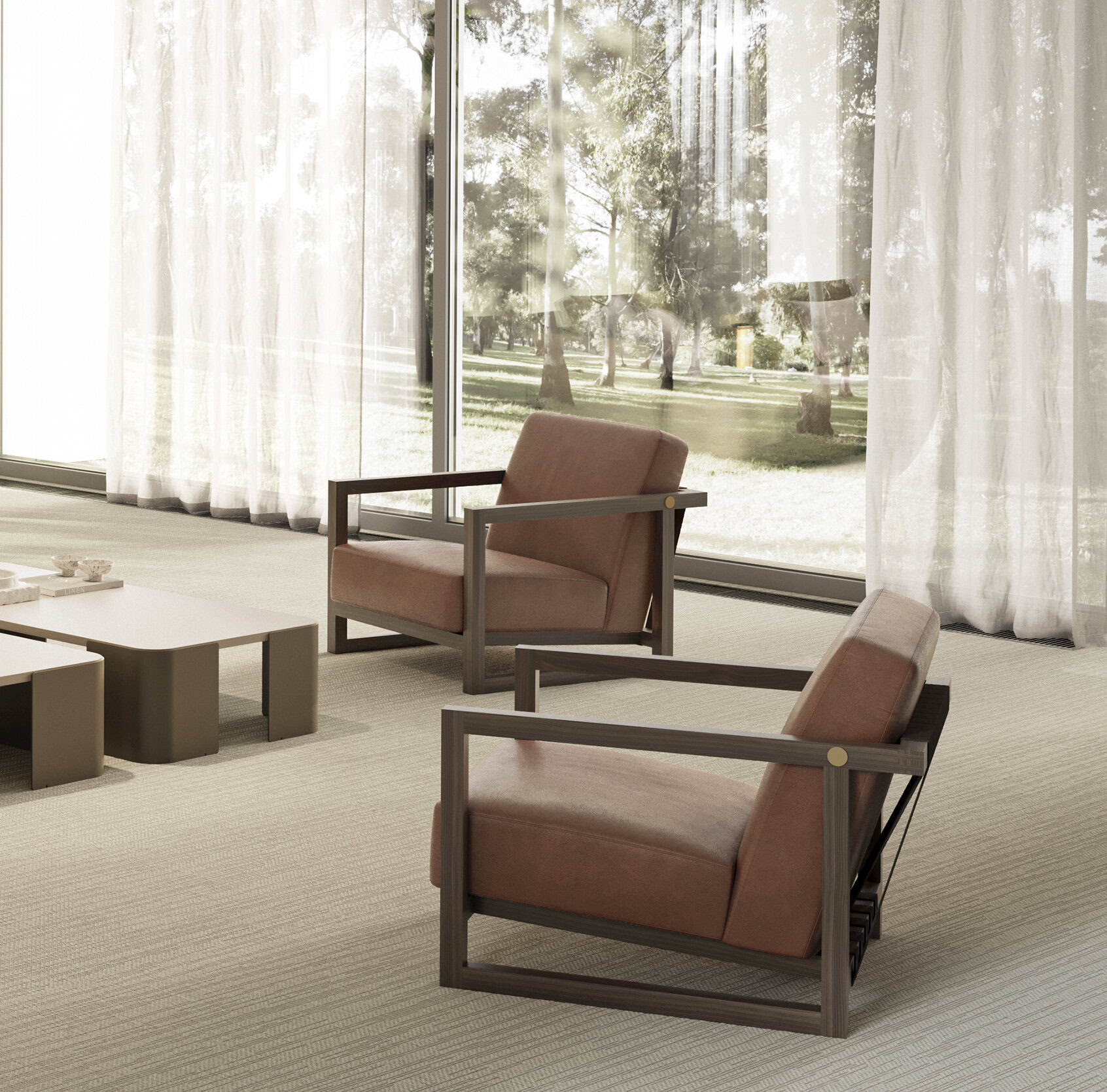 Elegant, comfortable lounge chairs with wooden frames and soft upholstery, perfect for contemporary living spaces and relaxation areas.