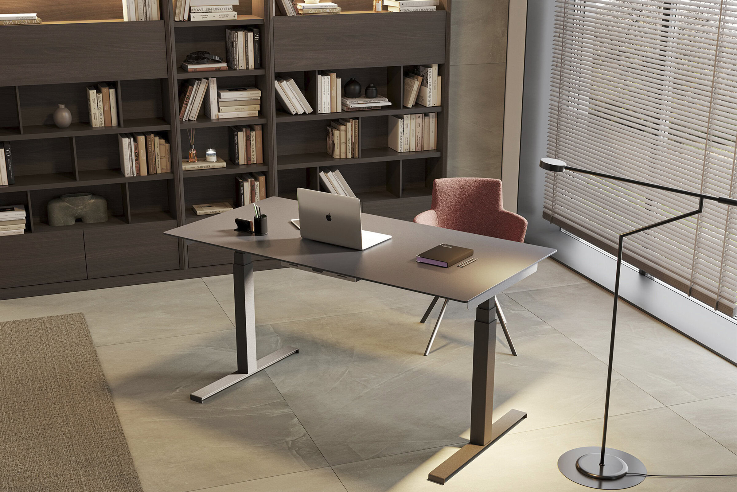 Sleek modern office desk with ergonomic pink chair and built-in lighting, featuring contemporary shelving and stylish decor, ideal for professional workspaces and home offices.
