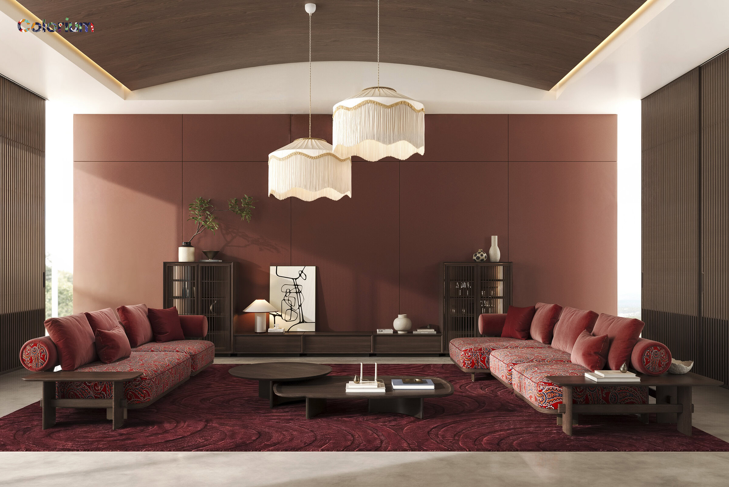 Elegant modern living room featuring Saloni Furniture sofas with plush cushions, a stylish coffee table, and contemporary decor in a warm-toned interior.