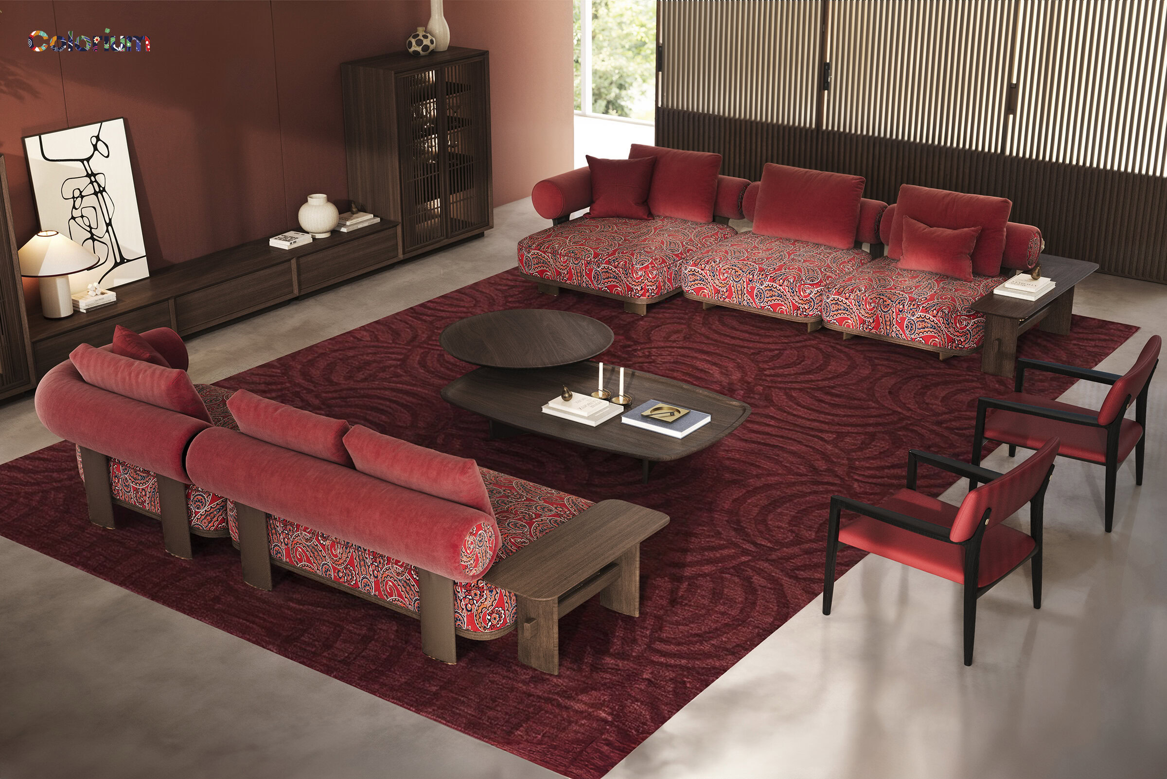 Elegant red living room furniture set featuring a large sofa, armchairs, and a coffee table, perfect for stylish and comfortable home decor.