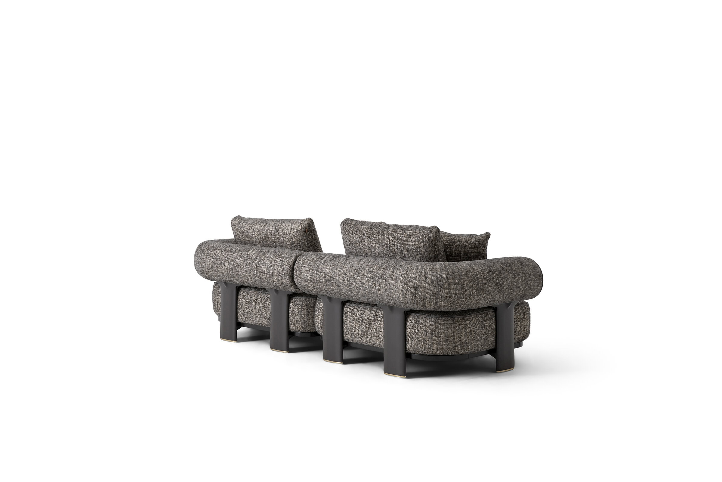 Luxurious gray upholstered sofa with unique rounded design, sturdy black wooden legs, perfect for living room decor.