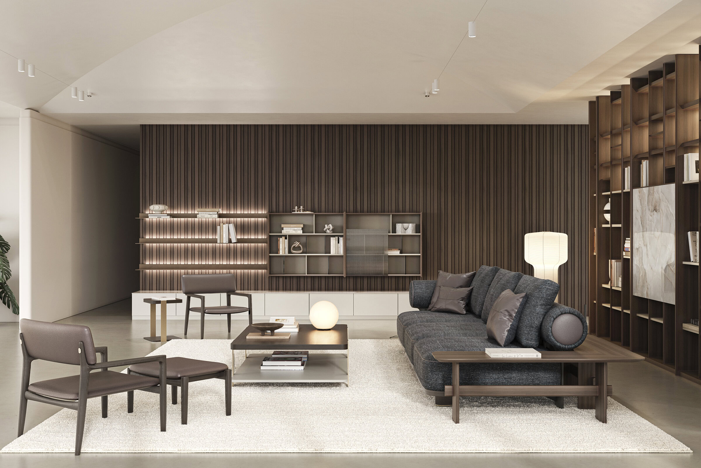Elegant living room with Saloni Furniture's wooden bookshelf, comfortable sofa, modern chairs, and warm lighting, creating a cozy and sophisticated ambiance.