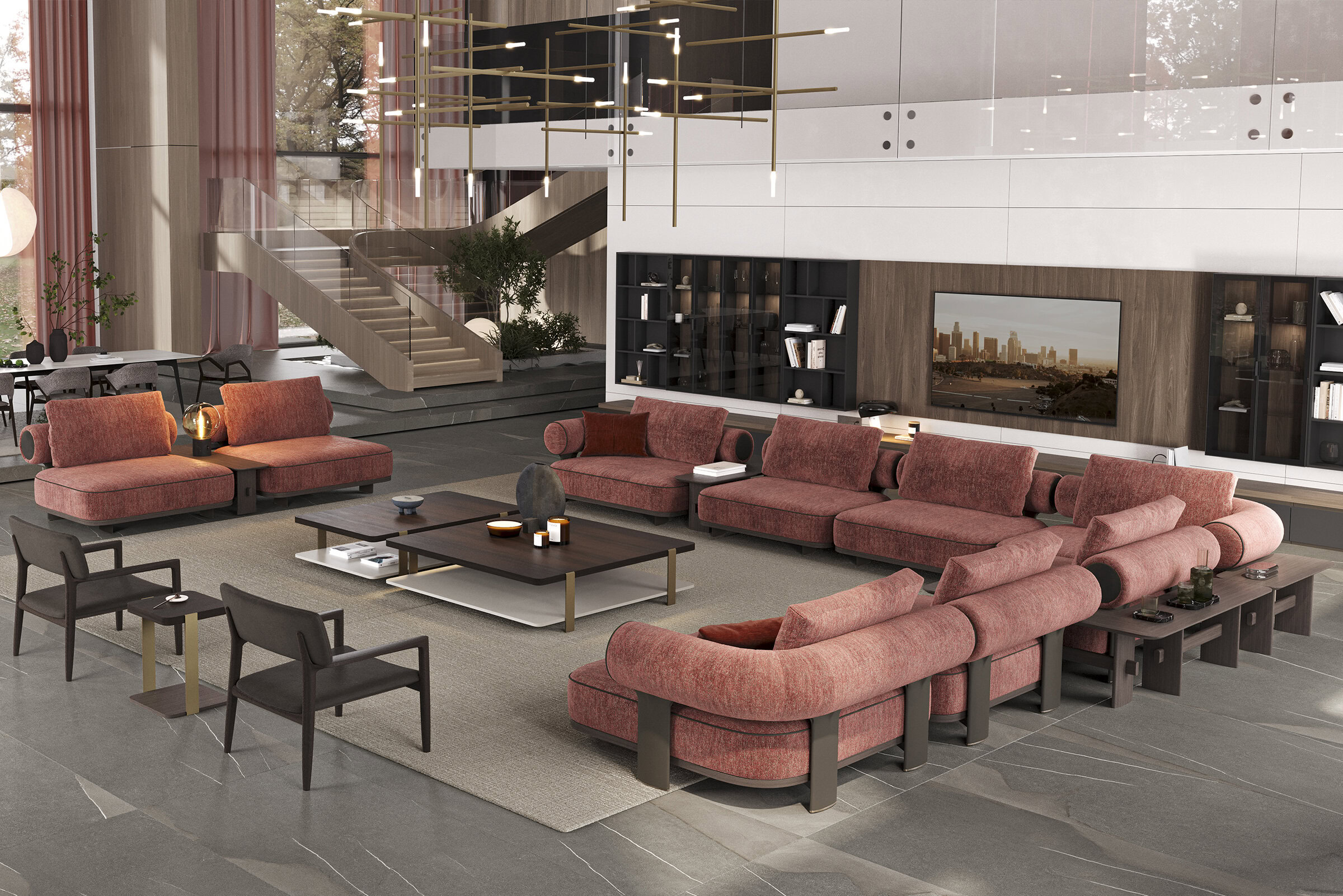 Stylish coral-colored sectional sofa with black accents, in a spacious contemporary living room with sleek furniture, wood finishes, and modern decor, ideal for upscale interiors.