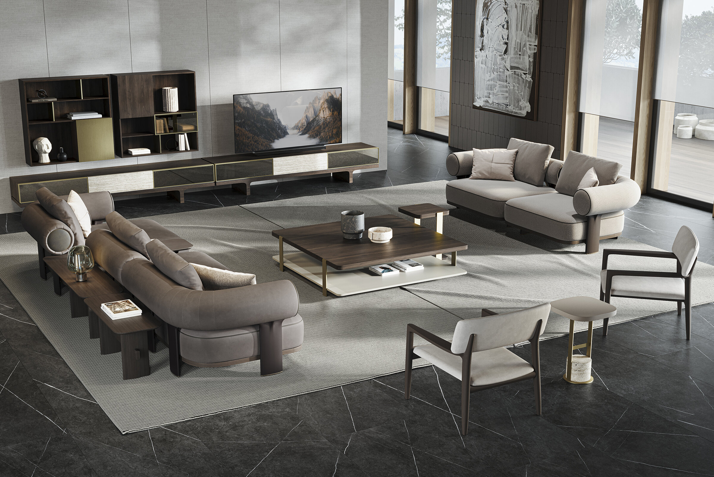 Luxurious beige sofas with cylindrical armrests and matching cushions in a stylish, contemporary living room setting. Perfect for upscale home decor.