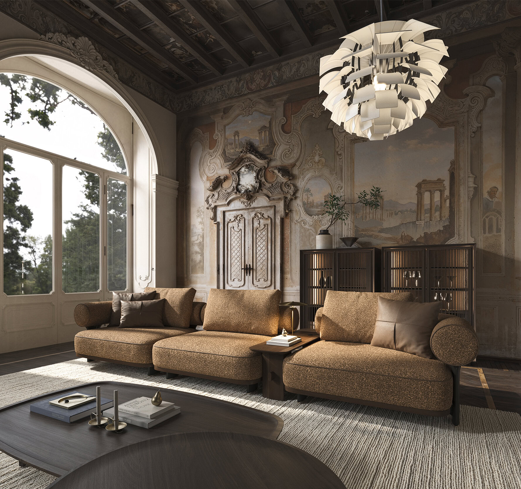 Luxurious living room with elegant sofa set, ornate wall murals, and classic decor, showcasing high-quality furniture from Saloni Furniture.
