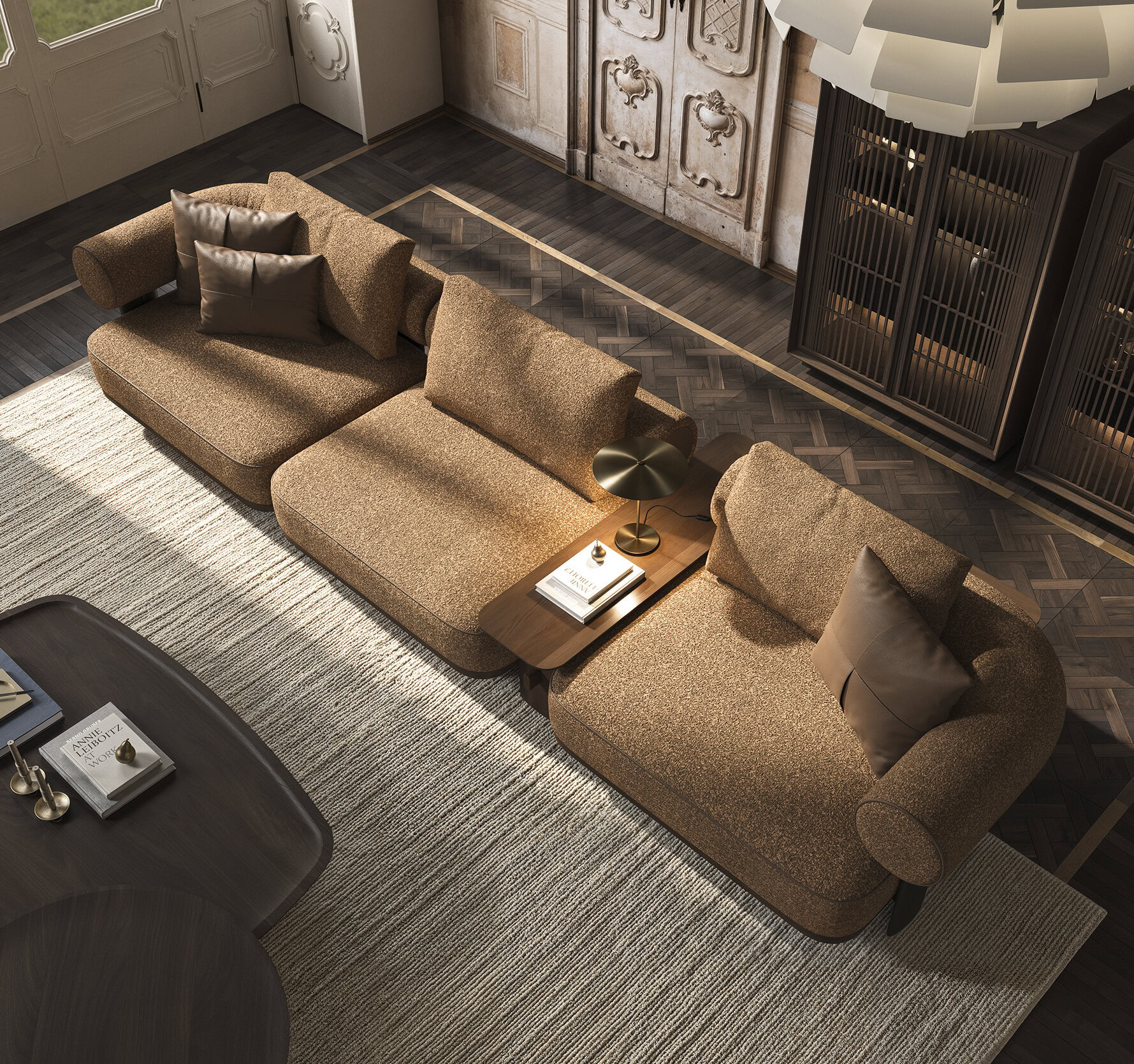 Stylish beige sofa set with plush cushions in a contemporary living room, perfect for modern home decor.