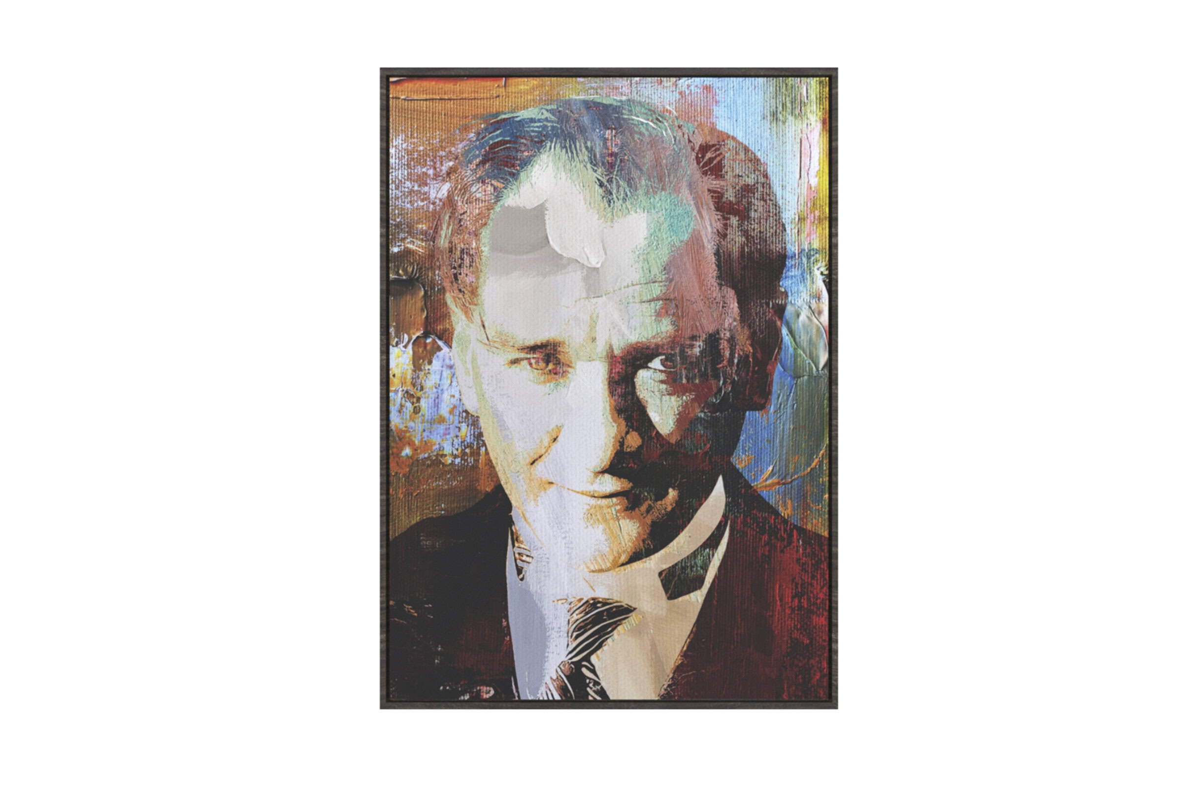 An abstract portrait of a man with colorful brushstrokes blending modern art and classic portrait styles. Perfect for contemporary home decor and artistic interior design.