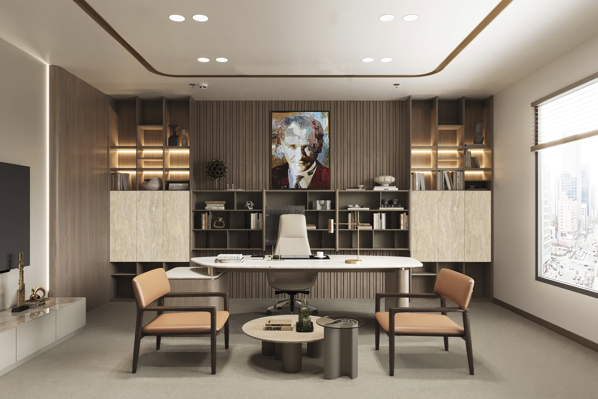 Elegant office workspace with a sleek desk, comfortable chairs, and stylish shelving units in a contemporary design. Perfect for professional environments seeking sophistication and functionality.