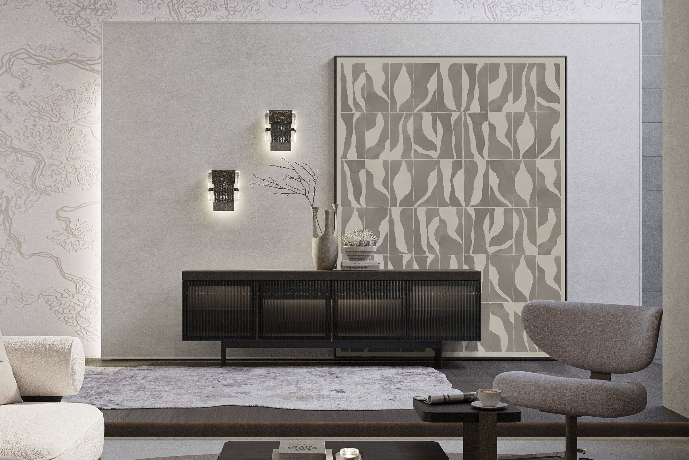 Elegant living room with contemporary wall art and stylish furniture pieces.