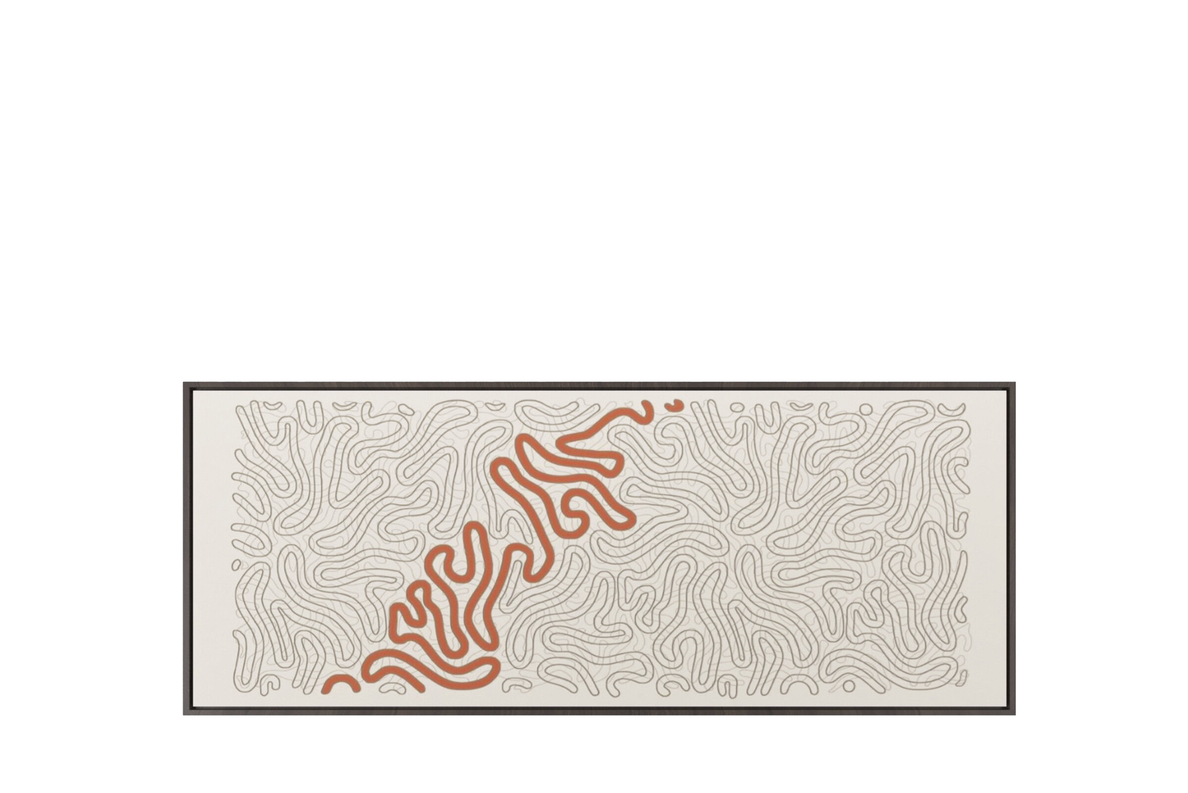 A vibrant, intricate maze design with bold orange lines on a neutral background, perfect for enhancing modern living spaces and adding artistic flair to your home or office.