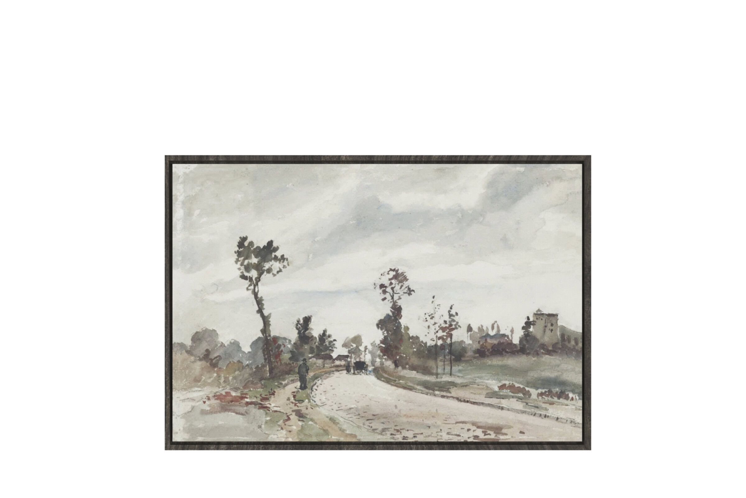 Watercolor landscape painting featuring trees and a rural scene, ideal for enhancing living spaces with artistic and calming decor.