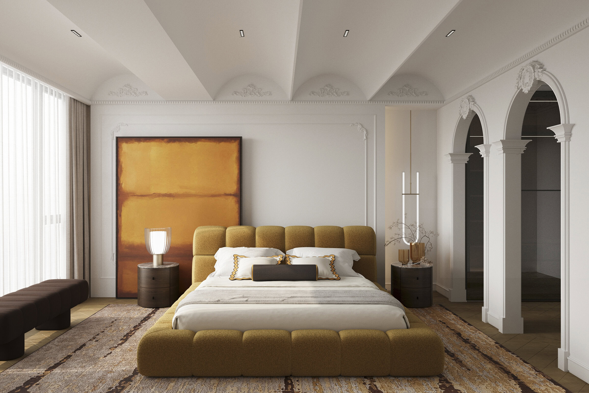 A stylish bedroom featuring a yellow upholstered bed frame, contemporary bedside tables with lamps, and elegant architectural details including arched doorways and decorative moldings.