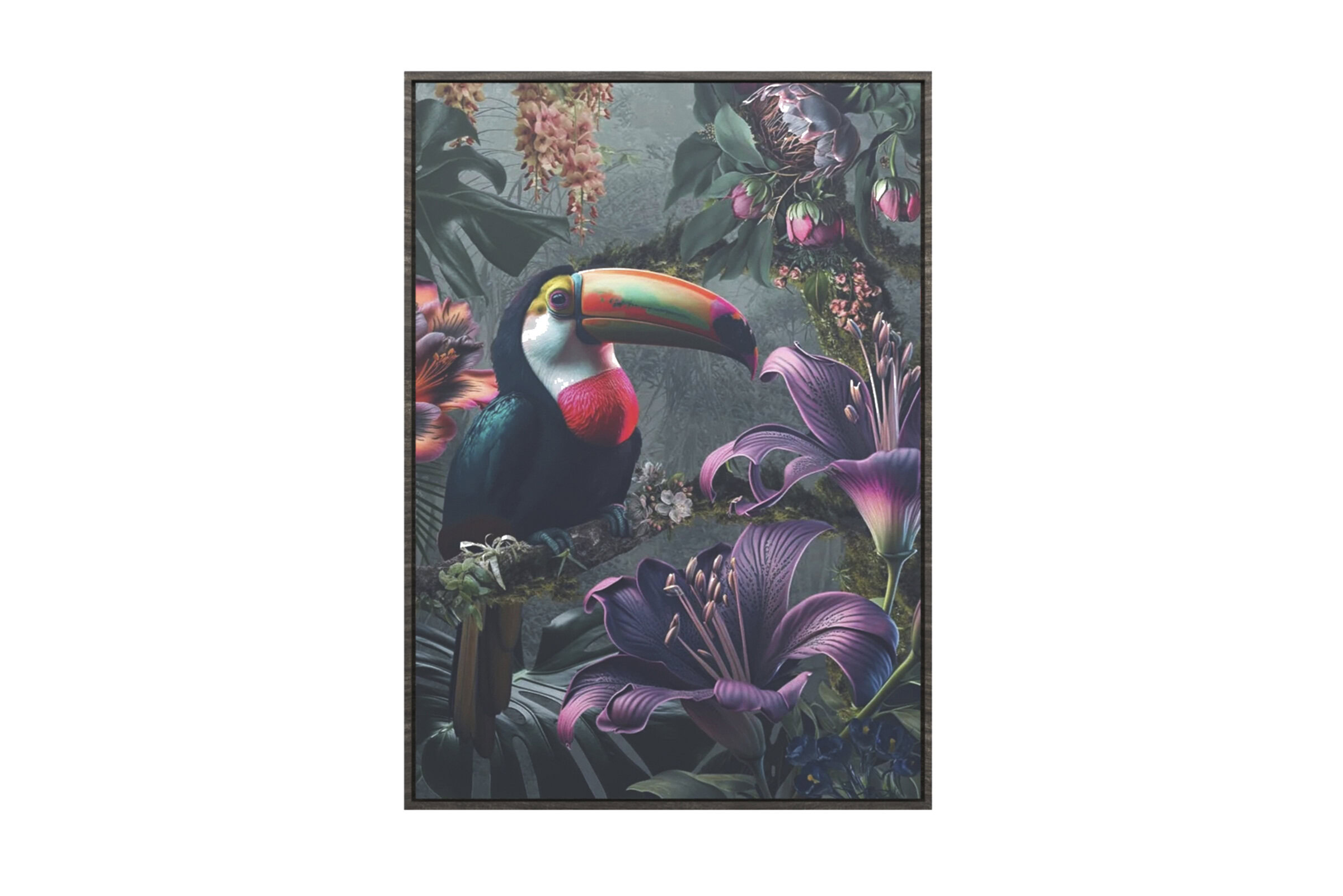 A vibrant tropical jungle-themed wall art featuring a colorful toucan surrounded by lush flowers and dense foliage. Perfect for enhancing modern and eclectic interior decor.