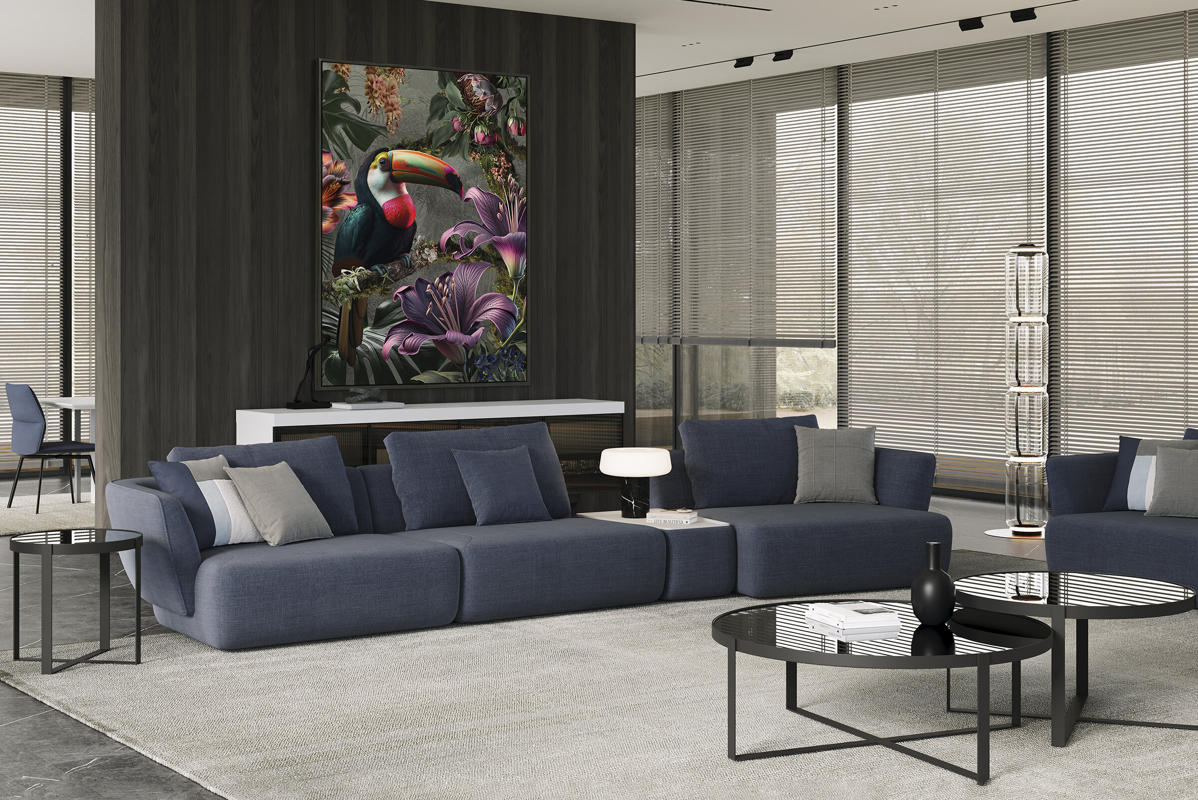 Elegant blue sectional sofa with plush cushions, perfect for contemporary living rooms. Crafted with high-quality materials for comfort and durability.