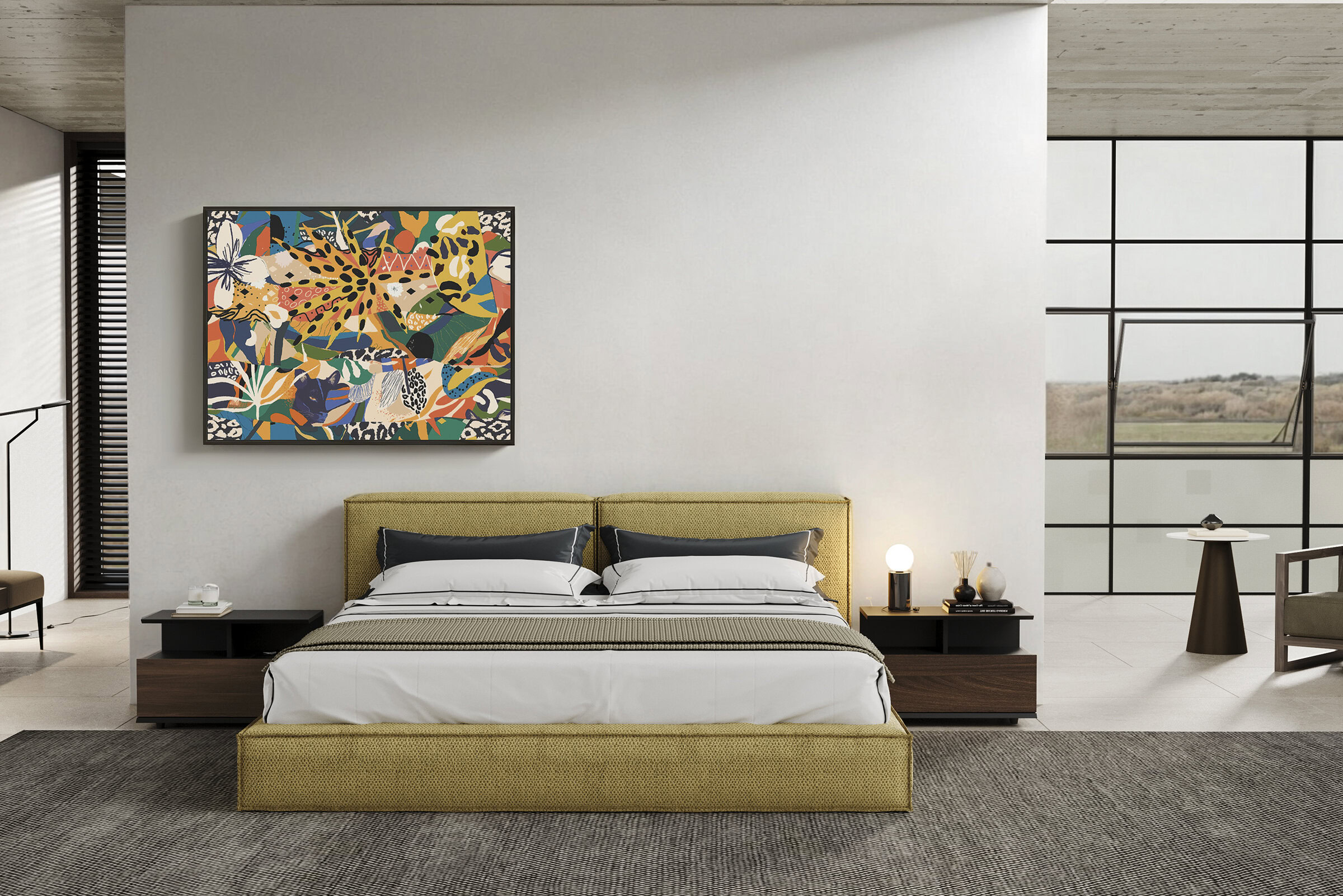 Elegant bedroom featuring a contemporary bed with a mustard-colored upholstered frame, complemented by sleek black nightstands and modern lighting fixtures.