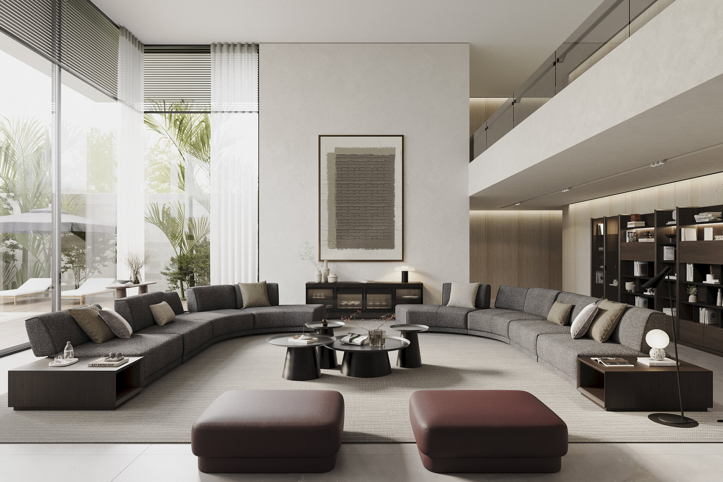 Elegant modern living room featuring a large, curved sofa set with neutral-toned cushions, a central coffee table, and stylish decor elements. Bright, airy space with natural light and contemporary de.