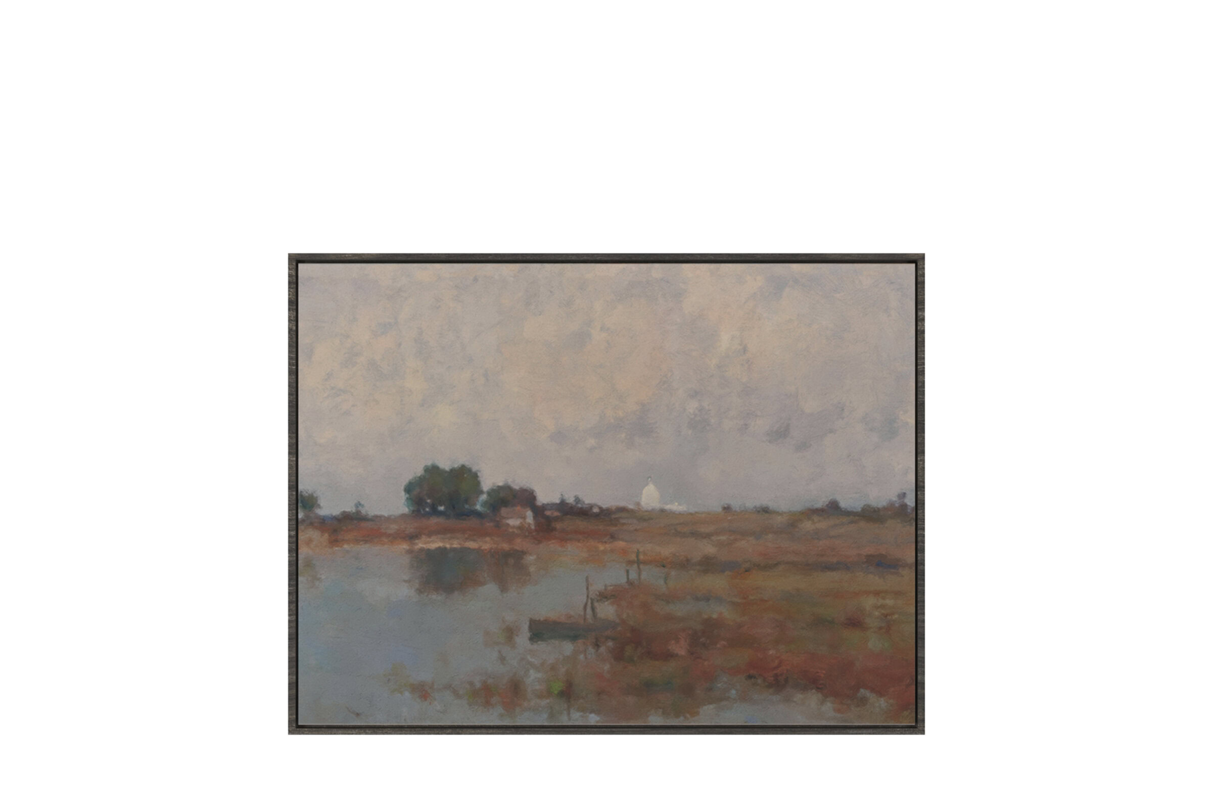Impressionist painting of a sunset over marshland with water, trees, and sky in soft, muted tones. Perfect for enhancing visual appeal and SEO relevance for art and decor keywords.