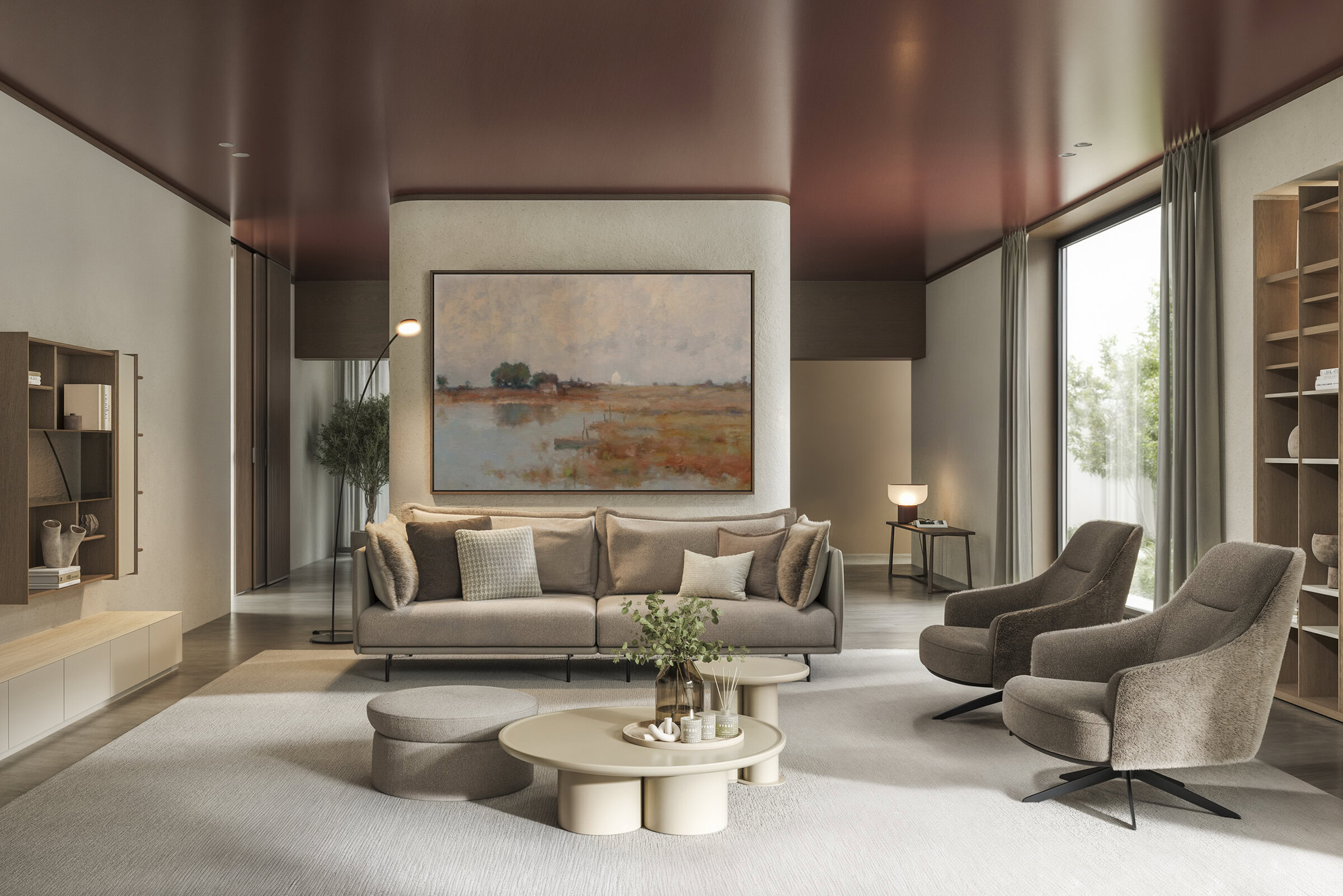 Stylish living room featuring contemporary sofas, armchairs, and a large landscape painting, creating a cozy and sophisticated ambiance. Perfect for modern home decor enthusiasts.