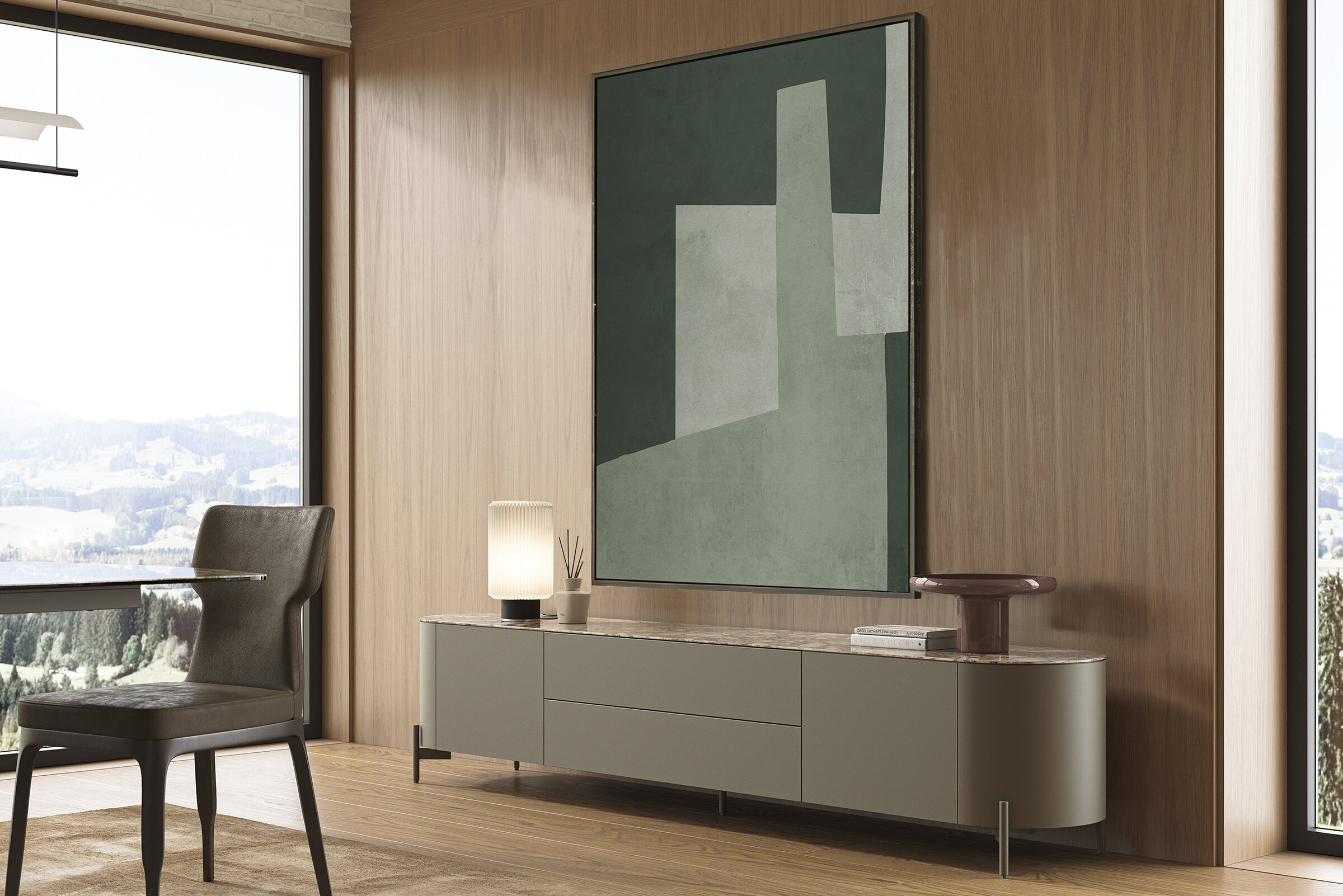 Modern living room with sleek TV console, abstract wall art, and natural light from large windows, showcasing contemporary furniture design.