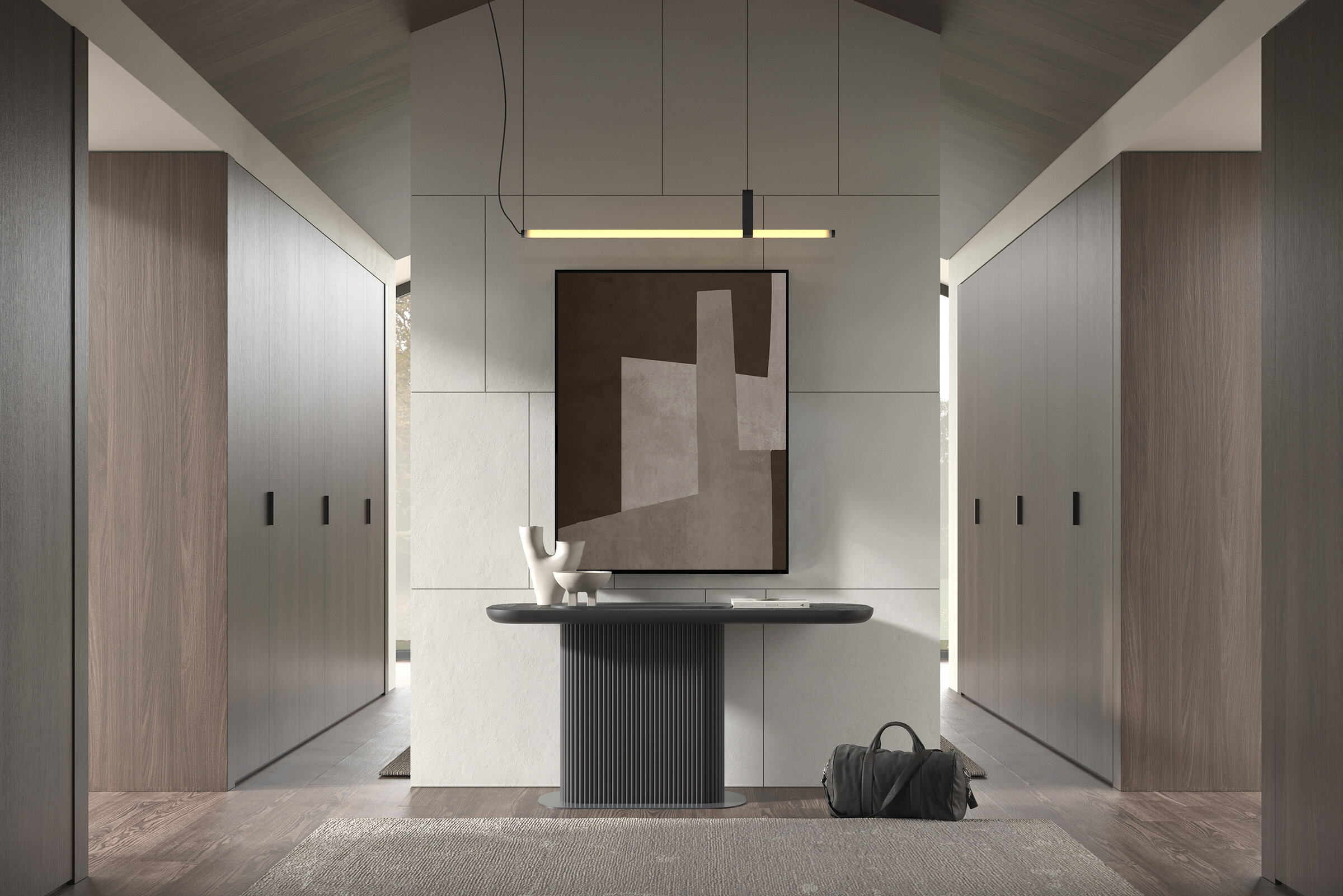Contemporary hotel lobby featuring minimalist decor, sleek furniture, and abstract artwork, creating a stylish and welcoming atmosphere for guests.