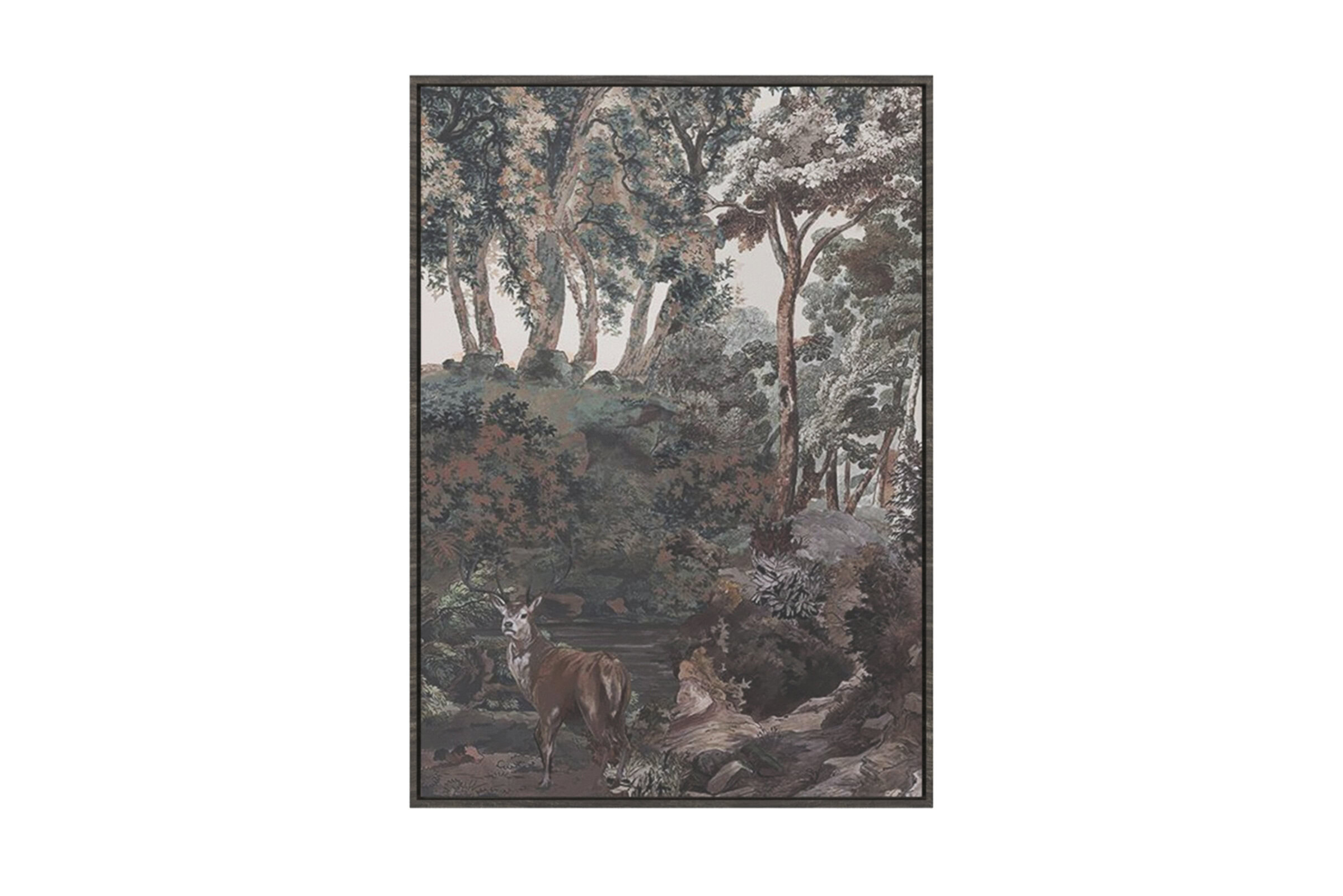 Serene forest landscape with deer and lush trees, showcasing elegant wall art from Saloni Furniture. Perfect for enhancing home decor with nature-inspired artwork.