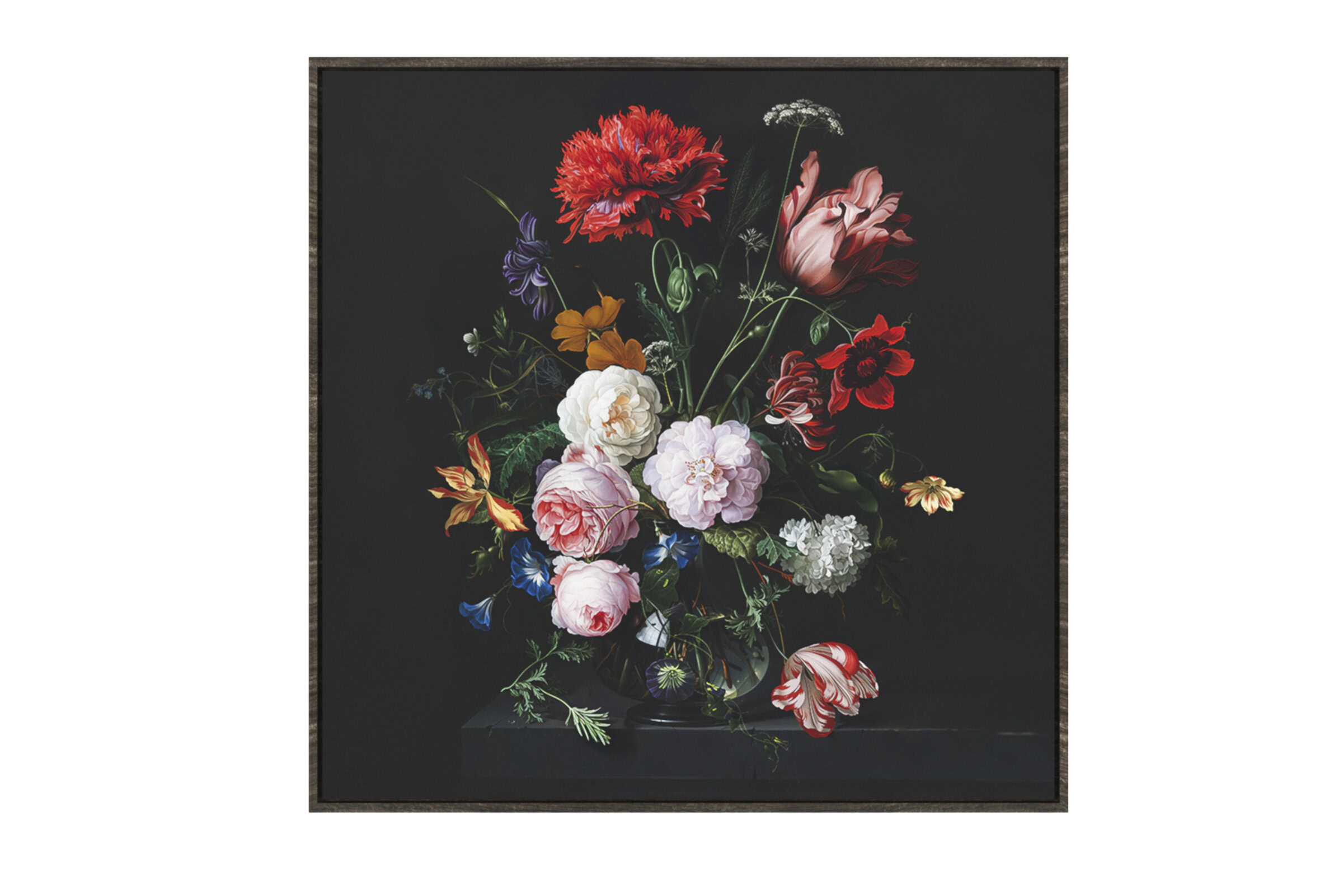 Beautiful floral artwork featuring colorful peonies, roses, and other flowers arranged in a dark setting, highlighting the intricate details and vivid colors of the blossoms.