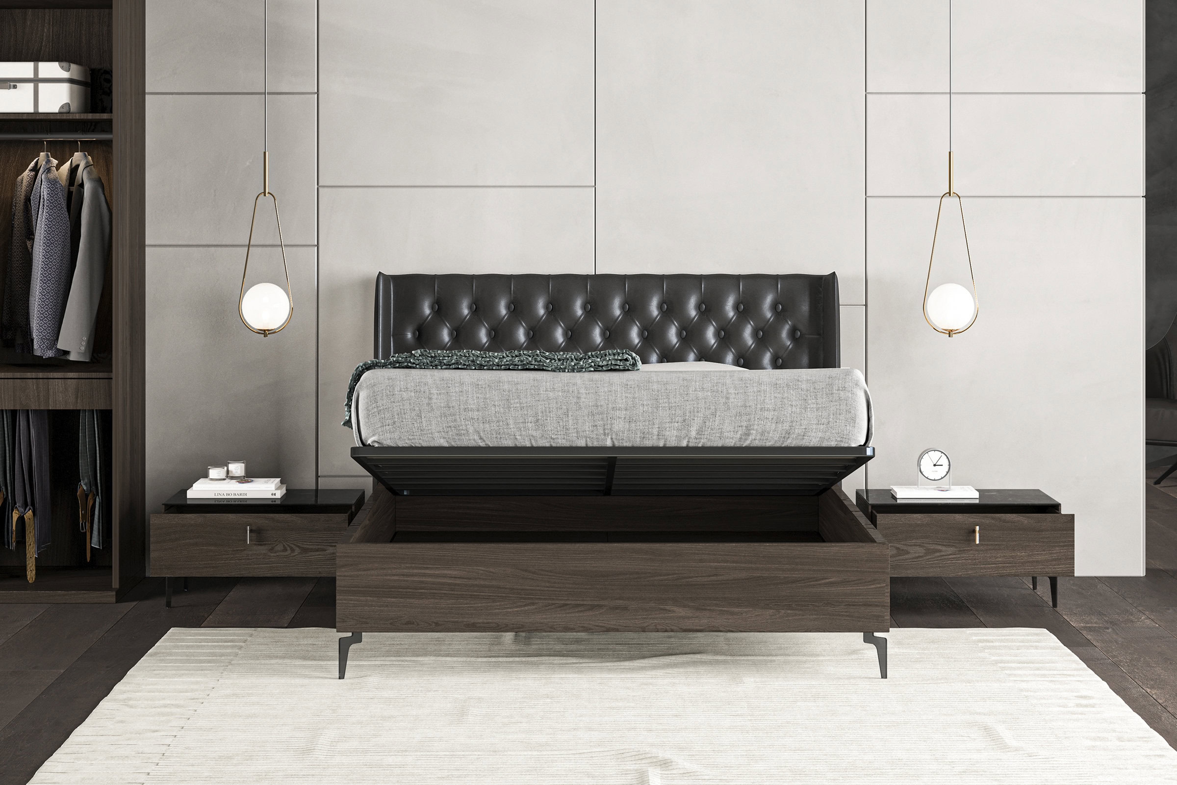 Sleek modern bedroom with a tufted leather headboard, dark wood furniture, and minimalist design elements for stylish comfort.