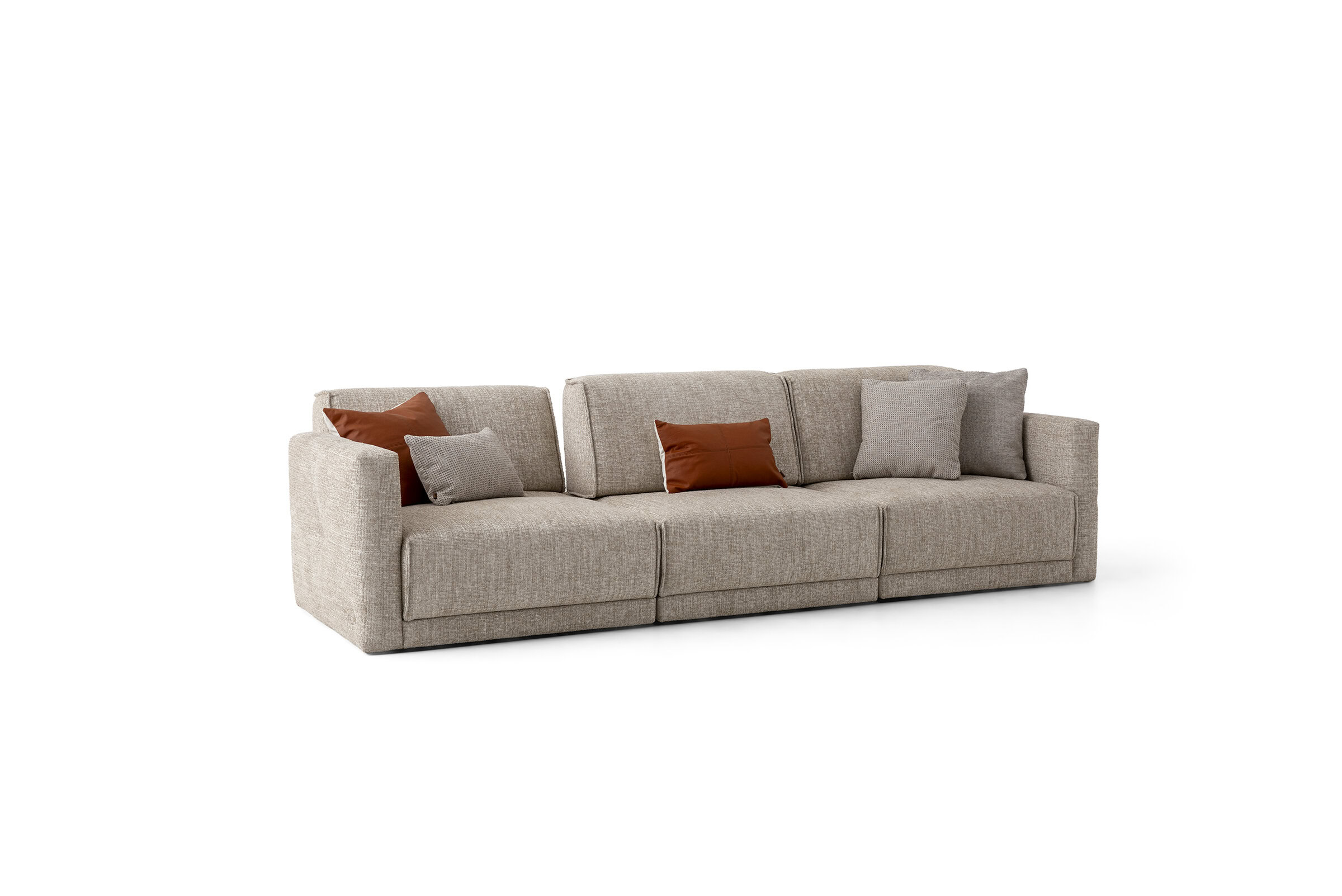 Comfortable beige sofa with cushions, ideal for stylish, modern home decor and furniture shopping.