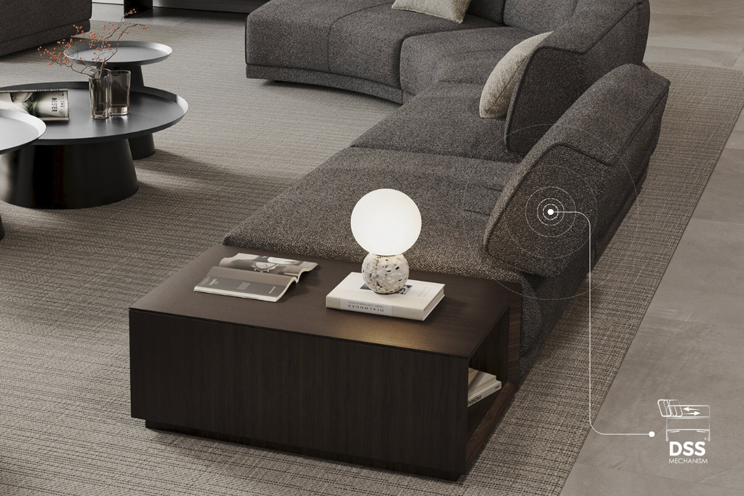 Sleek dark wood coffee table with built-in storage, modern table lamp, and cozy gray sectional sofa in a contemporary living room setting. Perfect for stylish comfort and functional living spaces.