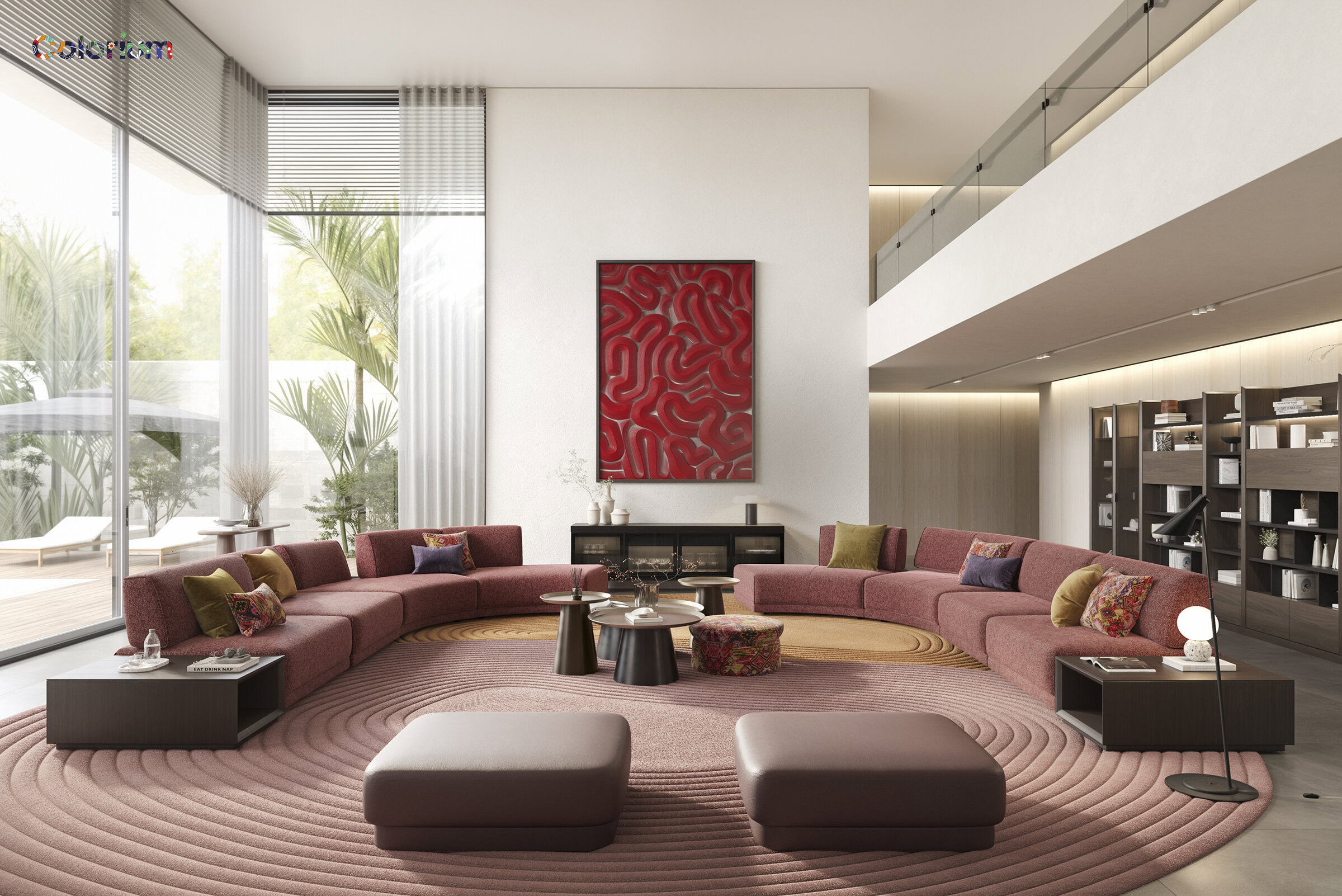 Luxurious modern living room with a curved pink sofa, colorful cushions, a large abstract red artwork on white wall, and floor-to-ceiling windows with natural light, creating a stylish and cozy ambiance.