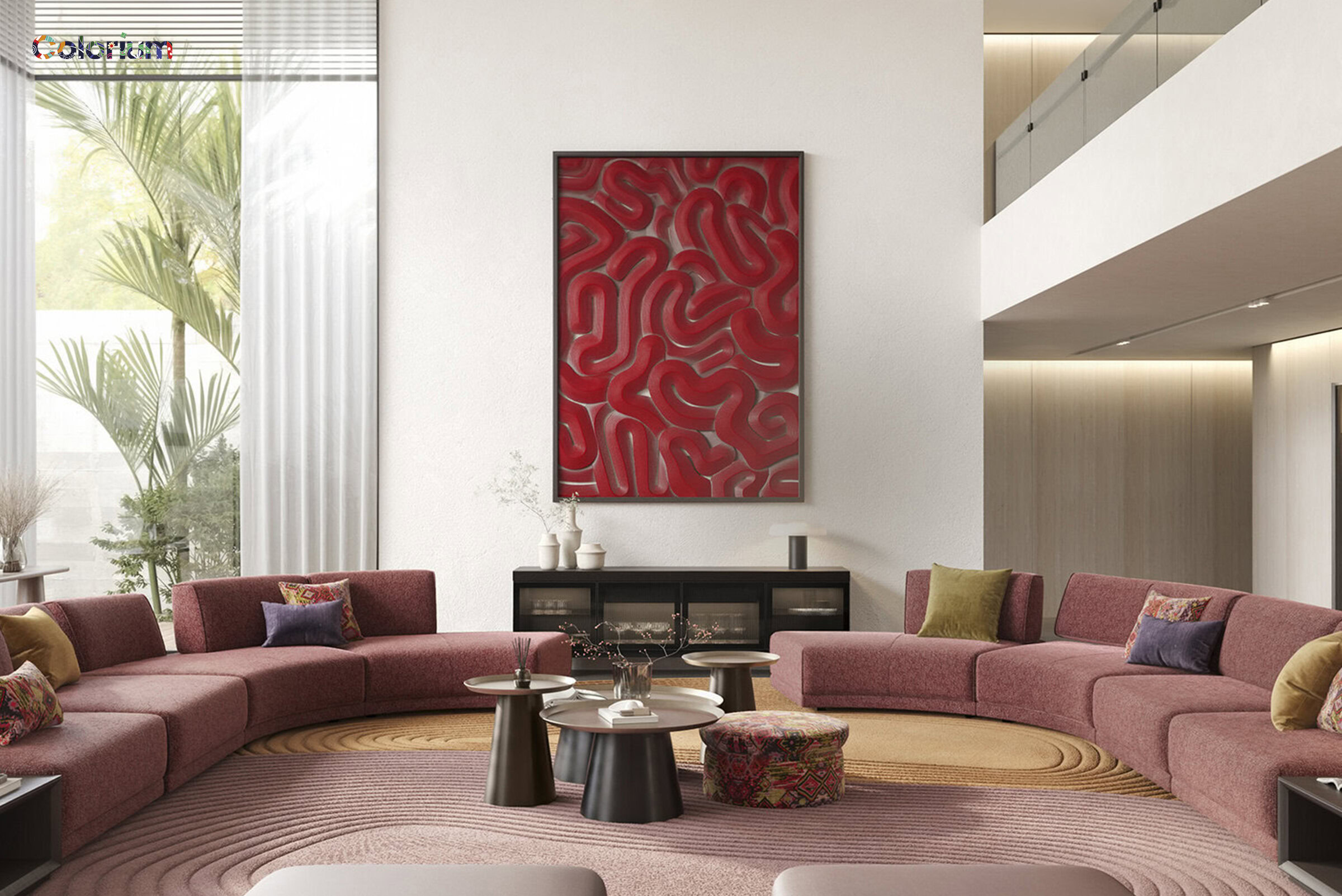 Bright modern living room featuring pink sectional sofas, colorful cushions, sleek coffee tables, and large windows with lush greenery outside. Minimalist decor with wall art and soft lighting enhances the contemporary style.