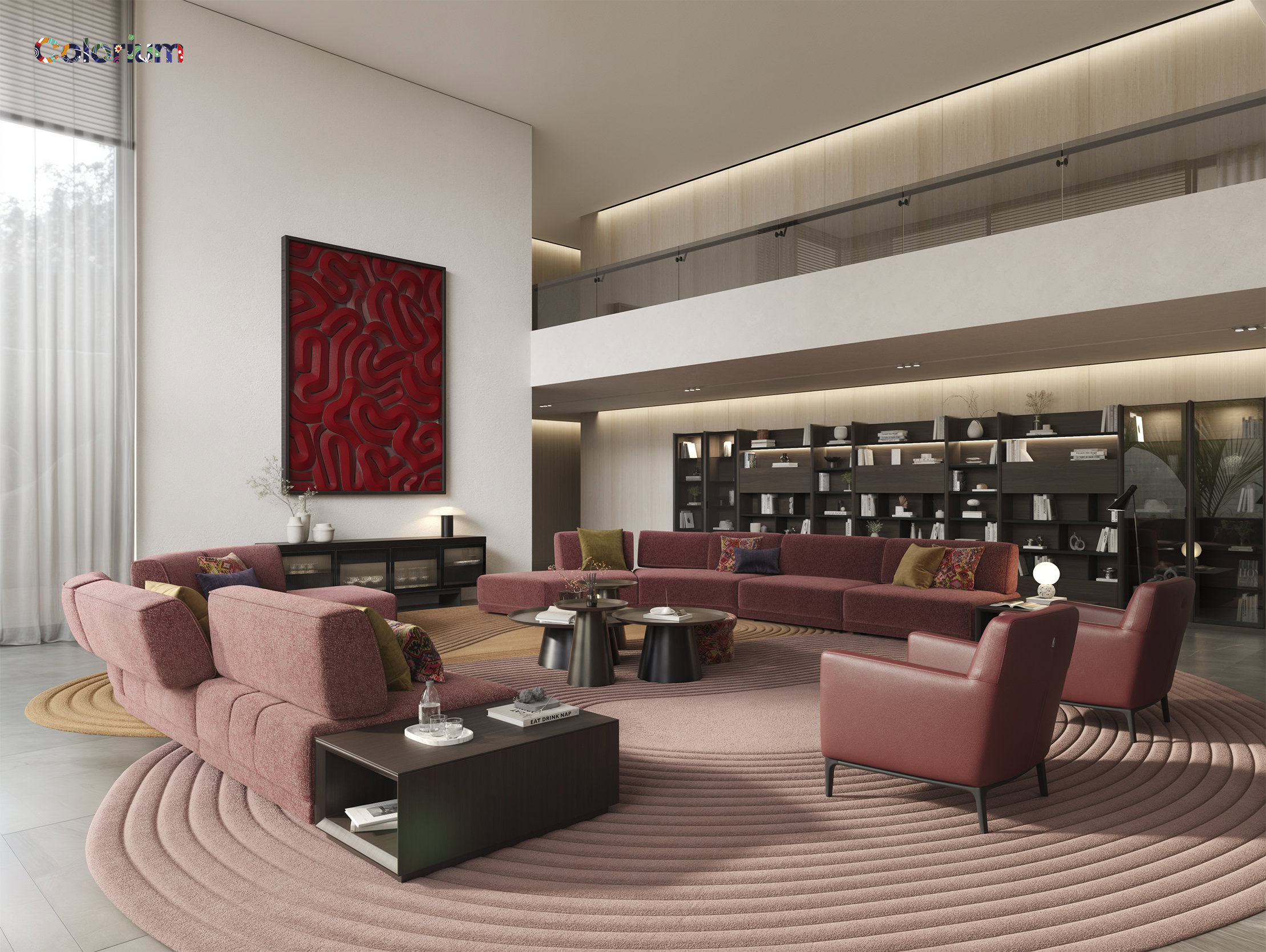Elegant modern living room featuring plush pink sofas, armchairs, and a stylish round area rug, complemented by sleek dark wood shelves and contemporary decor for a luxurious ambiance.