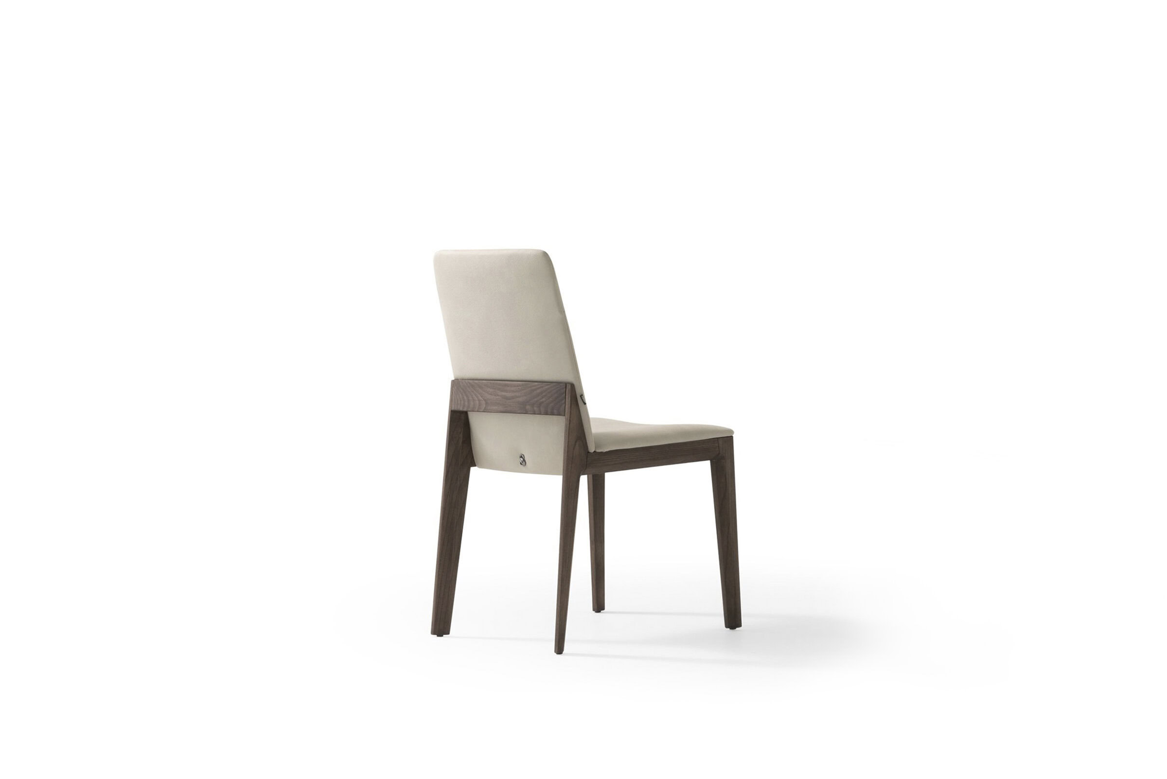 Sleek modern dining chair with cushioned beige upholstery and sturdy wooden frame, perfect for contemporary home interiors.