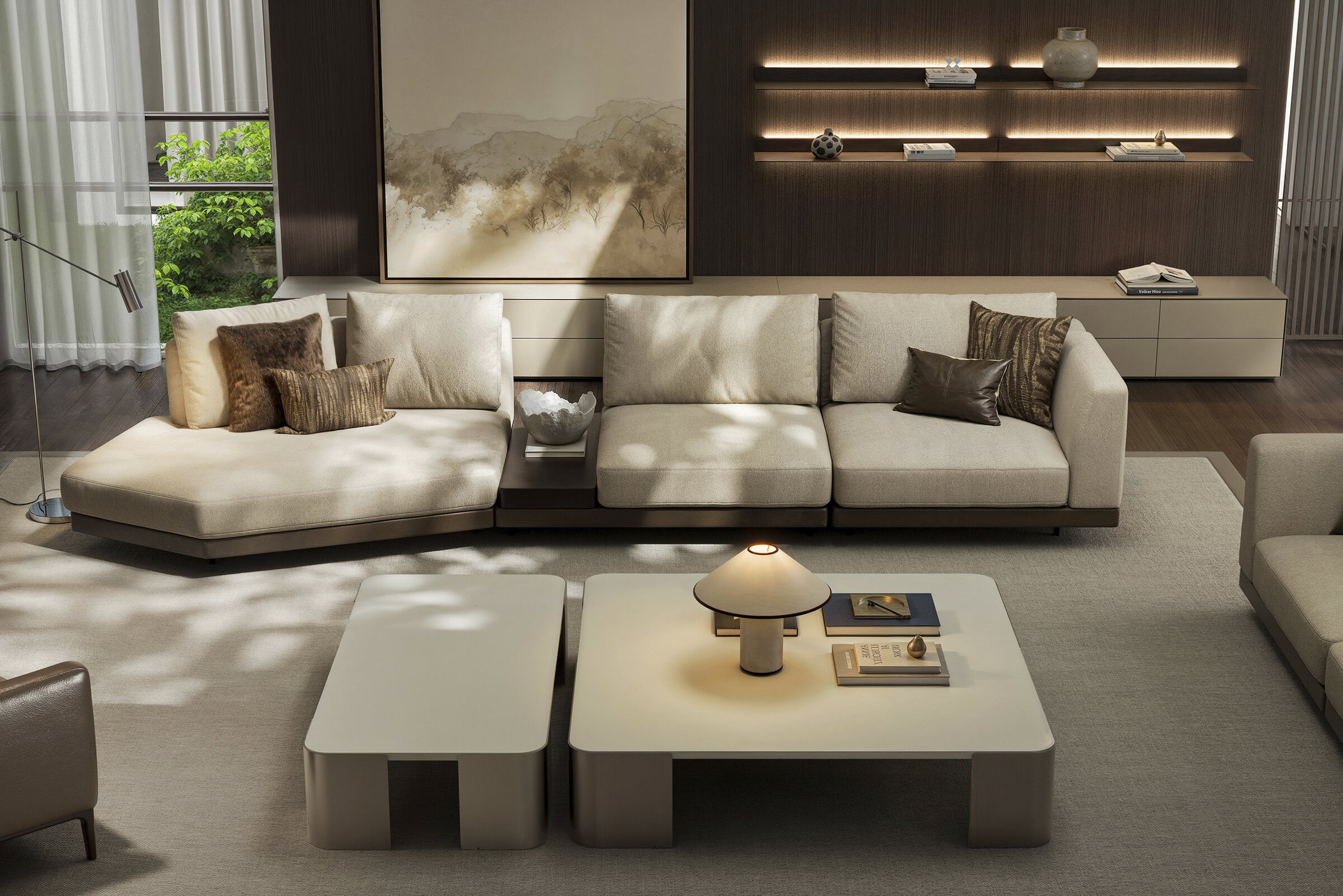 Elegant beige sectional sofa with plush cushions and decorative pillows, perfect for contemporary living rooms.