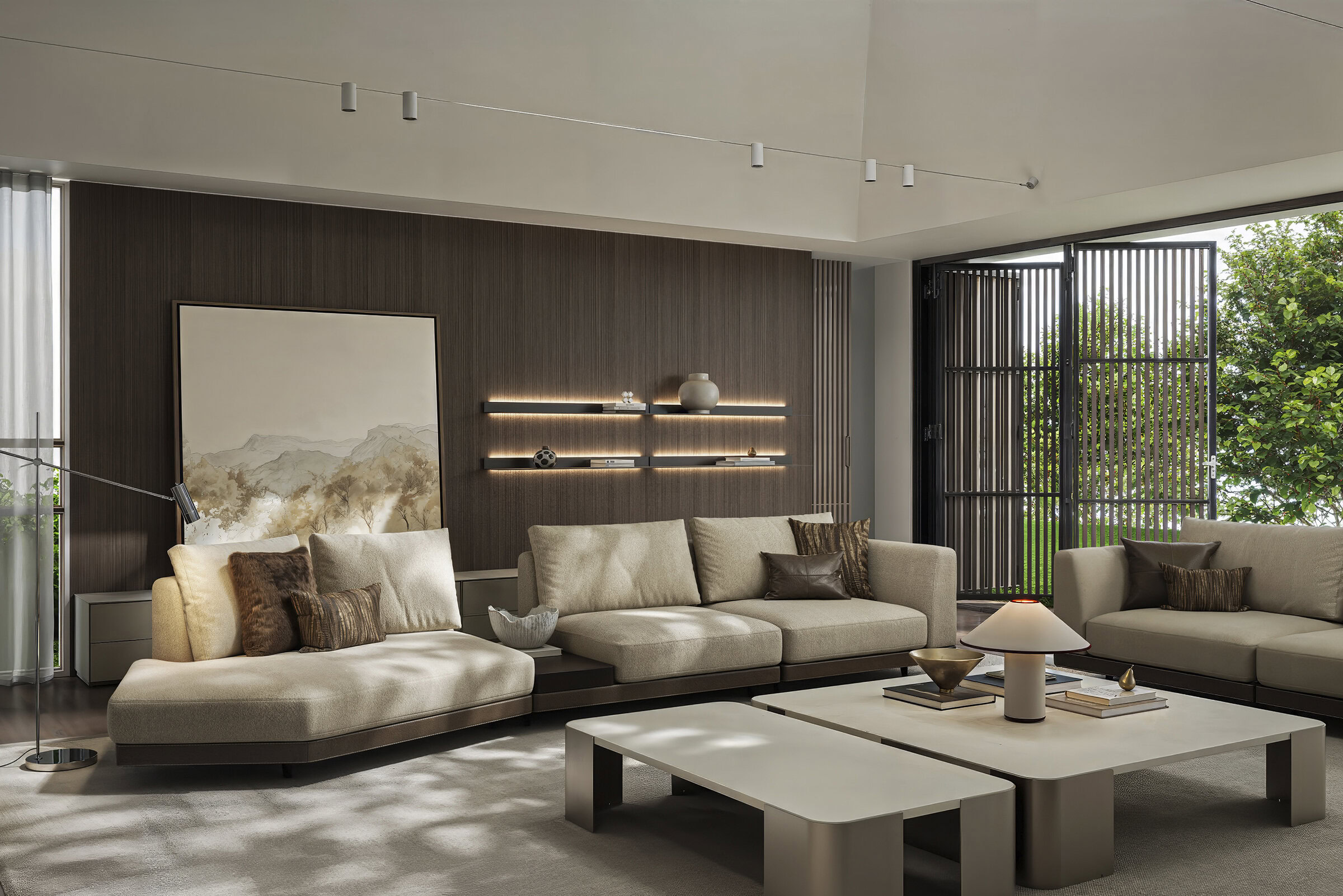 Stylish beige sofa set with plush cushions in a contemporary living room setting. Perfect for modern home interiors, combining comfort and aesthetic appeal.