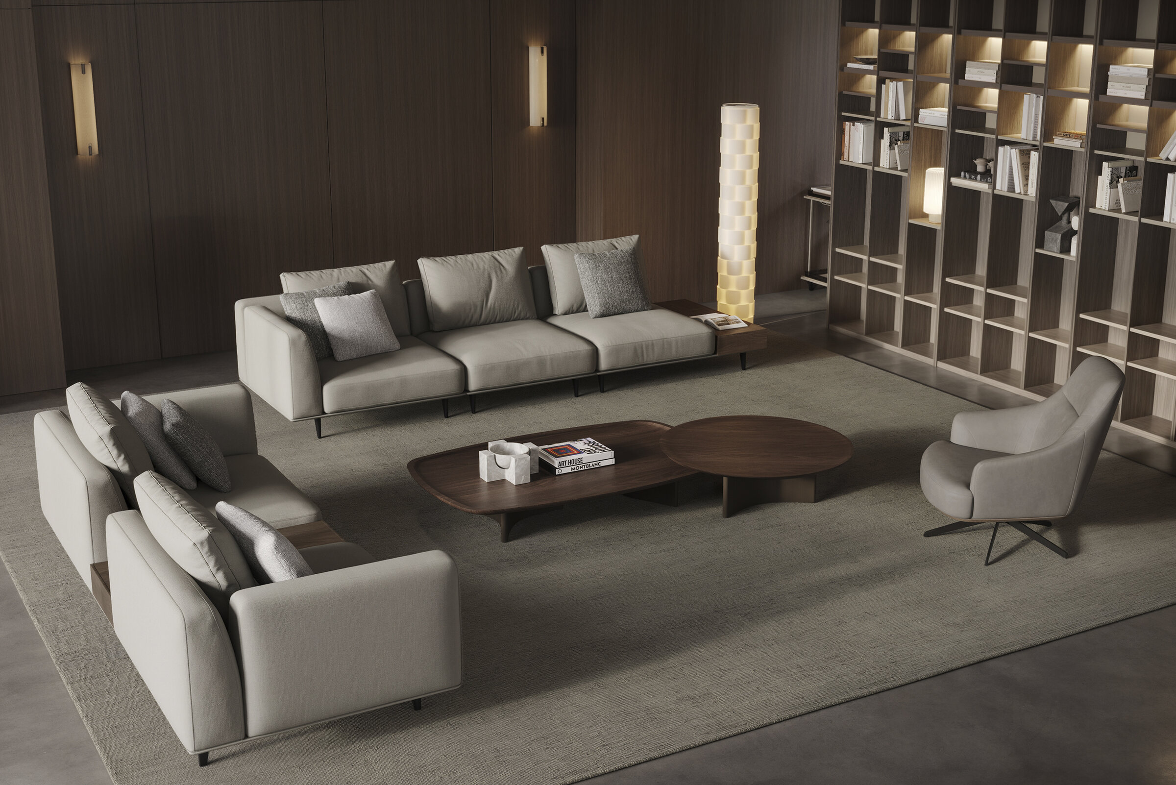 Elegant modern living room furniture set with neutral-colored sofas, armchair, and stylish wooden coffee table in a contemporary interior.