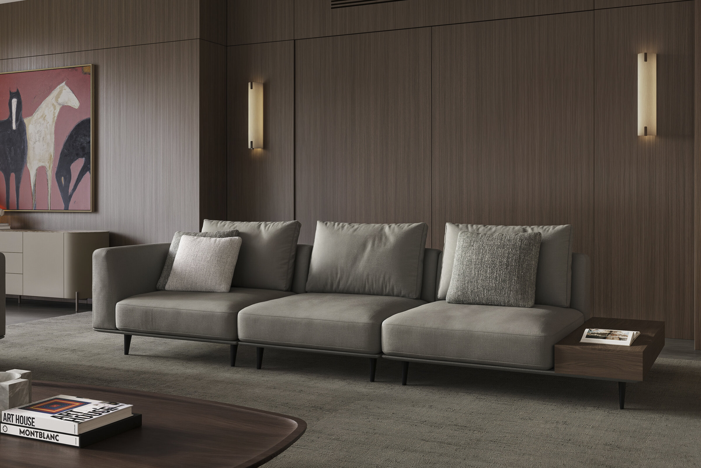 Sleek modern sofa with neutral gray upholstery and decorative pillows in a contemporary living room setting.
