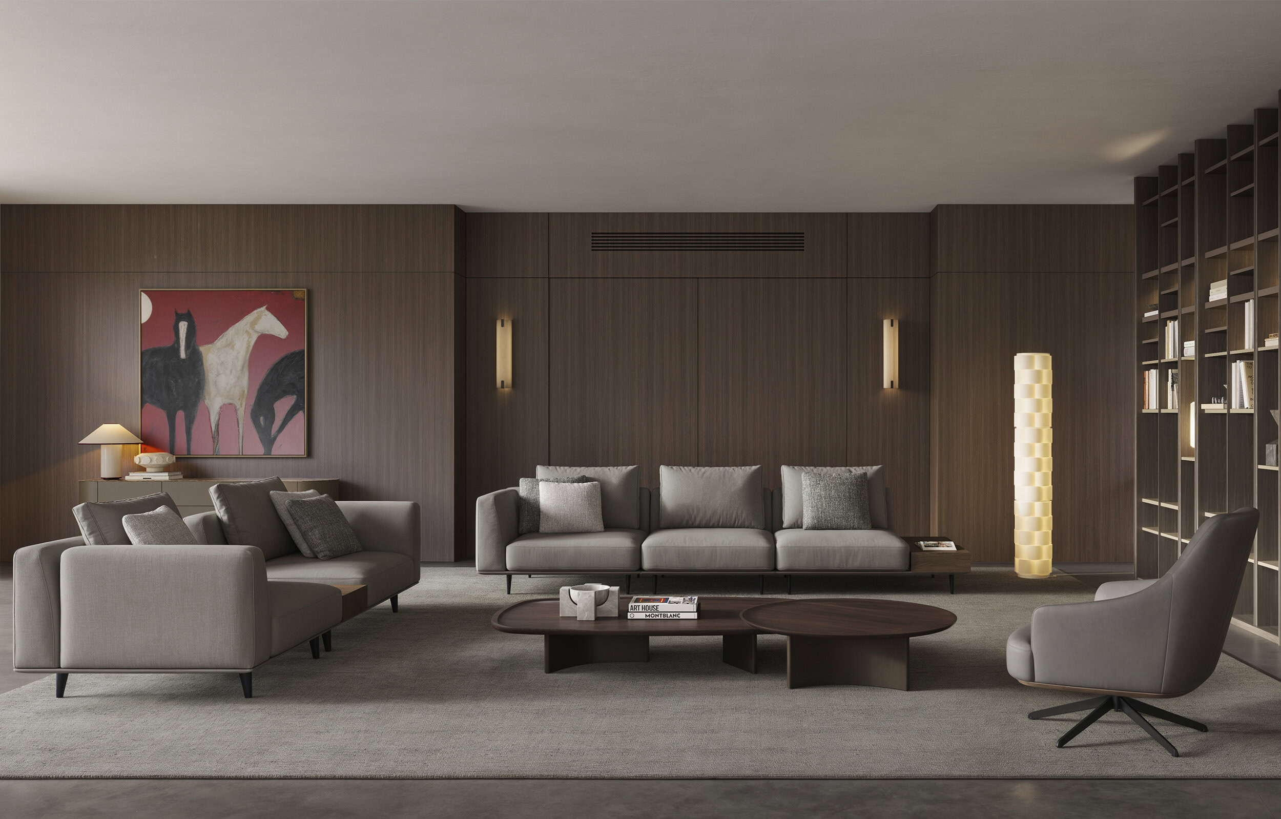 Sleek modern living room with elegant gray sofas, a wooden coffee table, contemporary lighting, and a stylish bookshelf against a warm wooden wall. Perfect for sophisticated home decor.