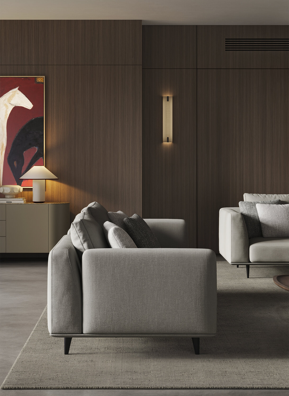 Sleek modern living room with beige sofas, dark wood paneled walls, contemporary artwork, and elegant lighting, showcasing high-quality Saloni Furniture design.
