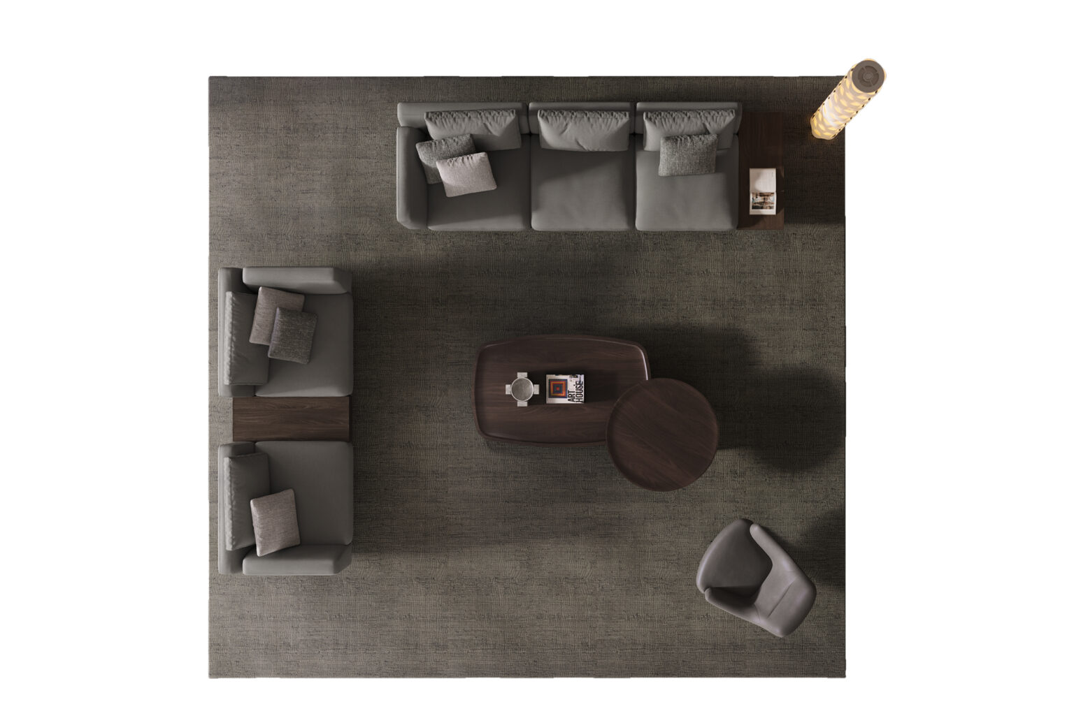Elegant living room seating arrangement with modern sofas and wooden coffee tables, perfect for stylish home interiors and comfortable gatherings.