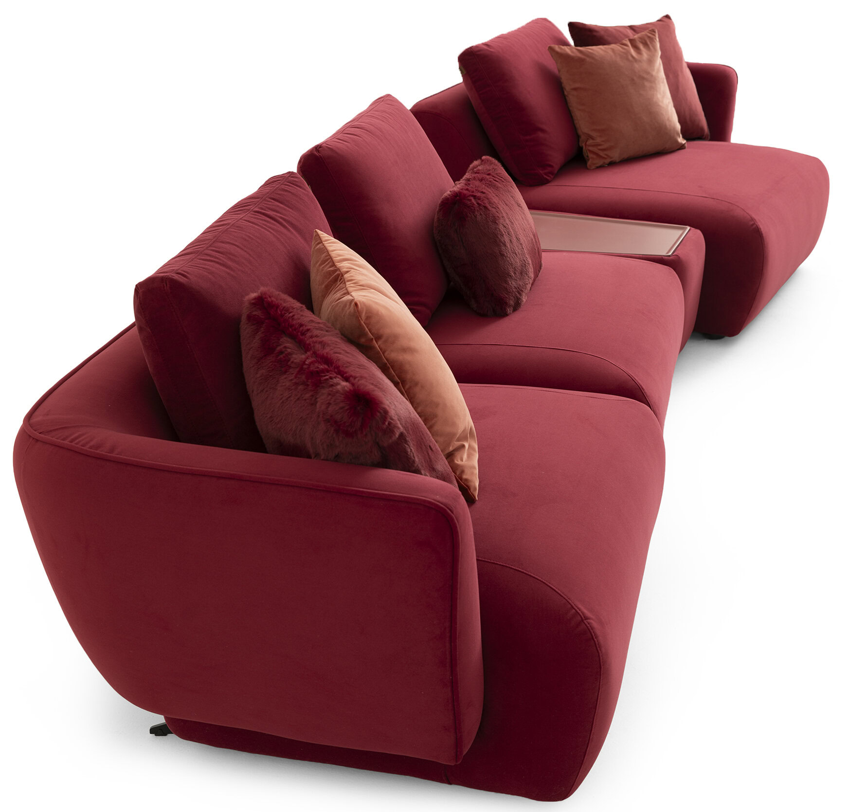 Elegant red velvet sofa with plush cushions, perfect for modern living rooms and stylish interiors. Comfortable seating with a sophisticated design.
