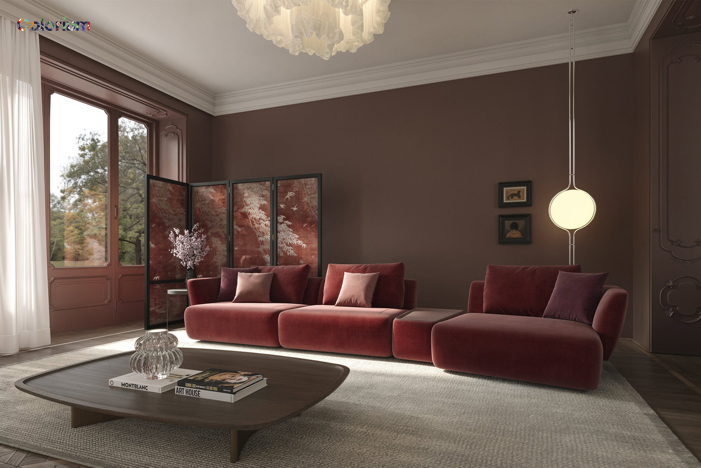 Red velvet sofa with plush cushions in a stylish living room setting.