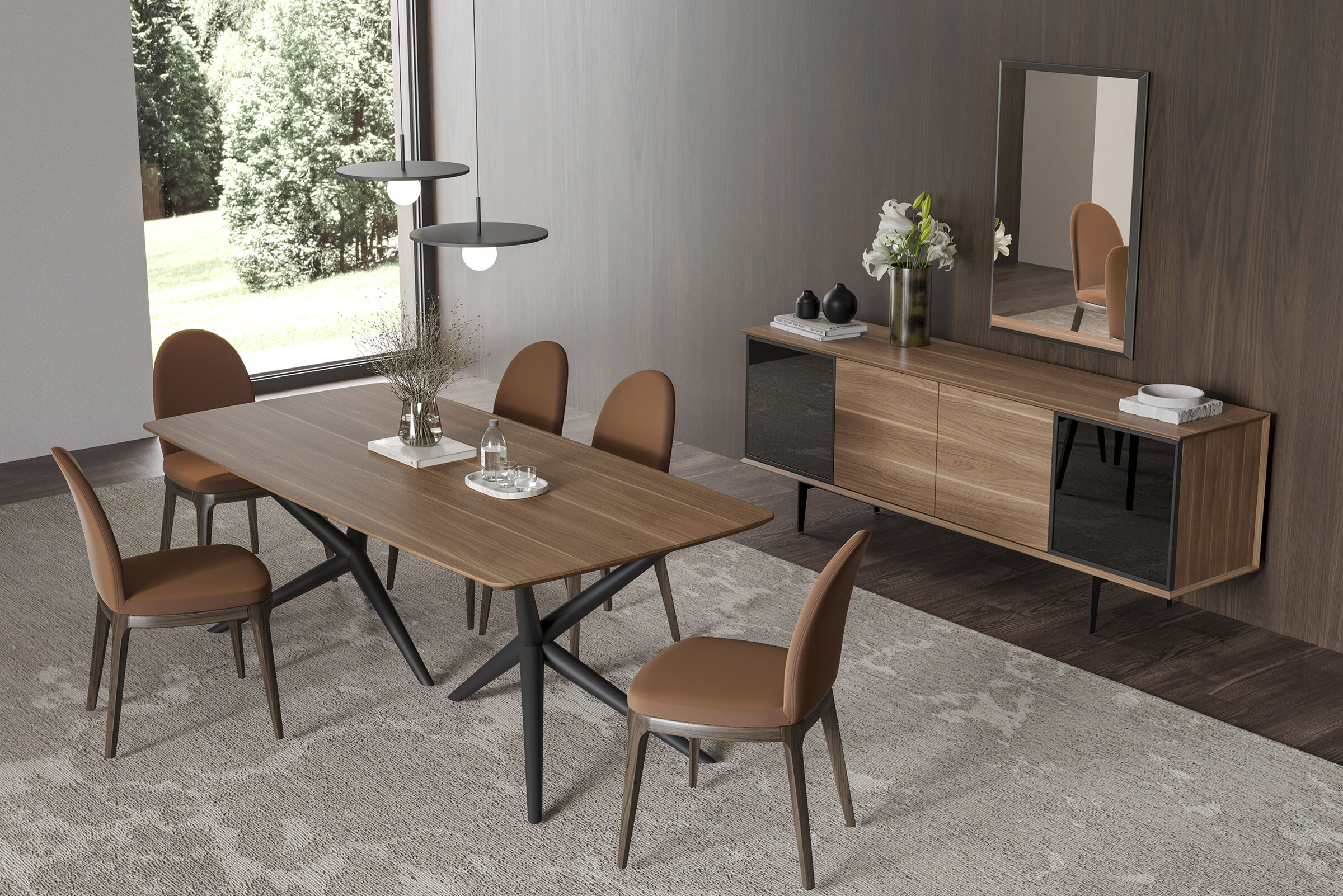 Contemporary wooden dining table with six leather upholstered chairs in a modern, minimalist dining room featuring a sleek sideboard, wall mirror, and large window with garden view.